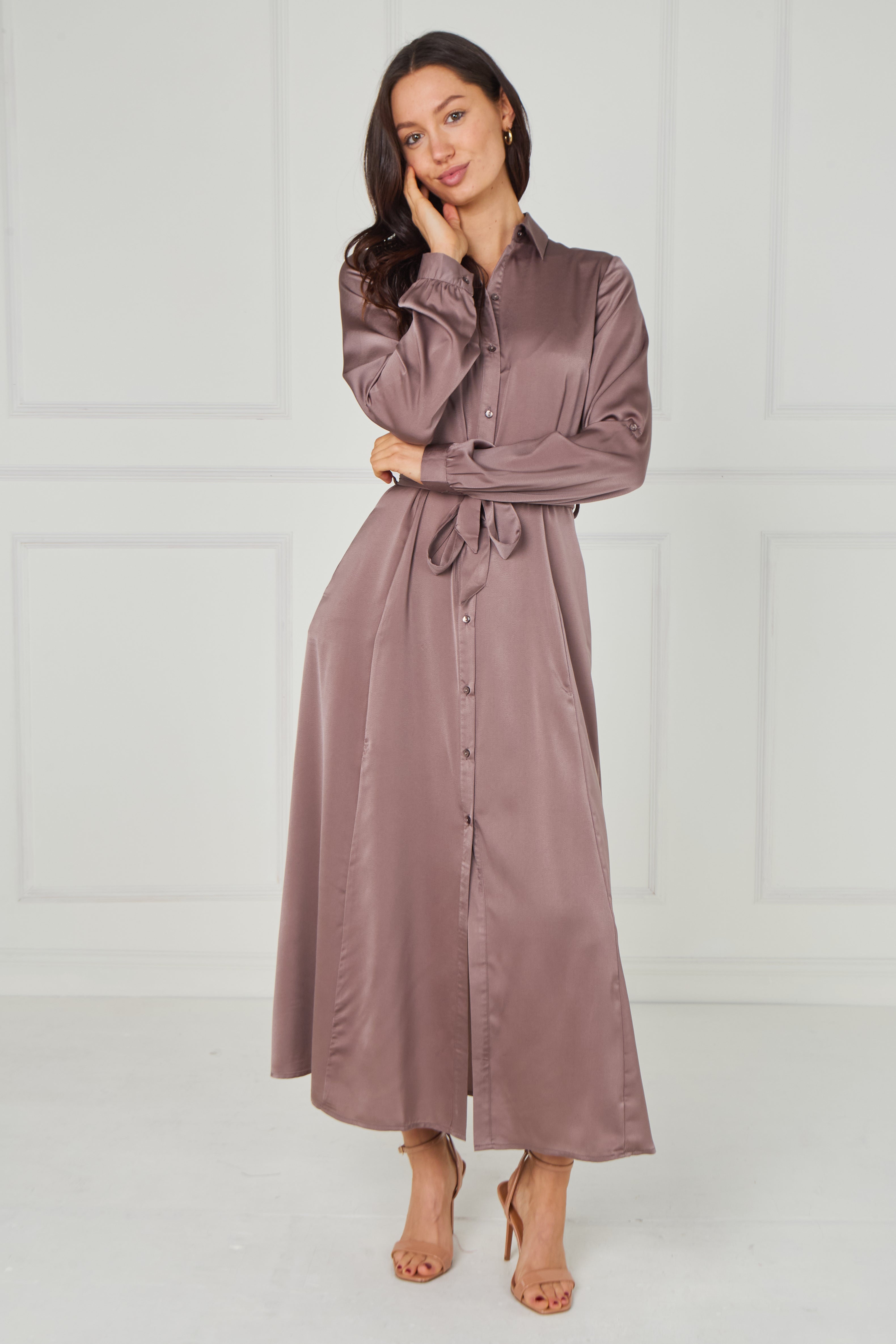 8Pcs Dusty Rose Taupe Velvety Satin Maxi Shirt Dress