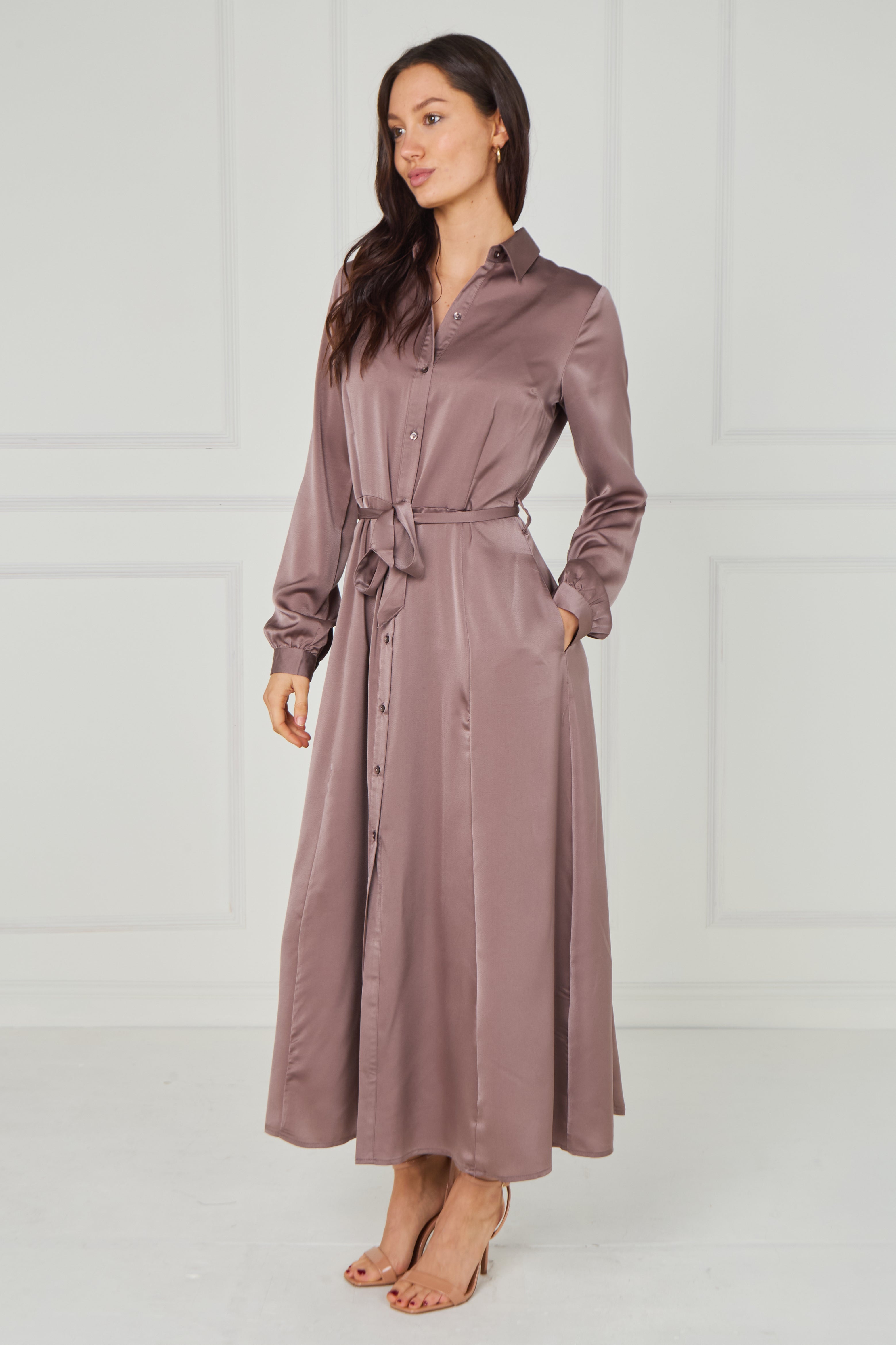 8Pcs Dusty Rose Taupe Velvety Satin Maxi Shirt Dress