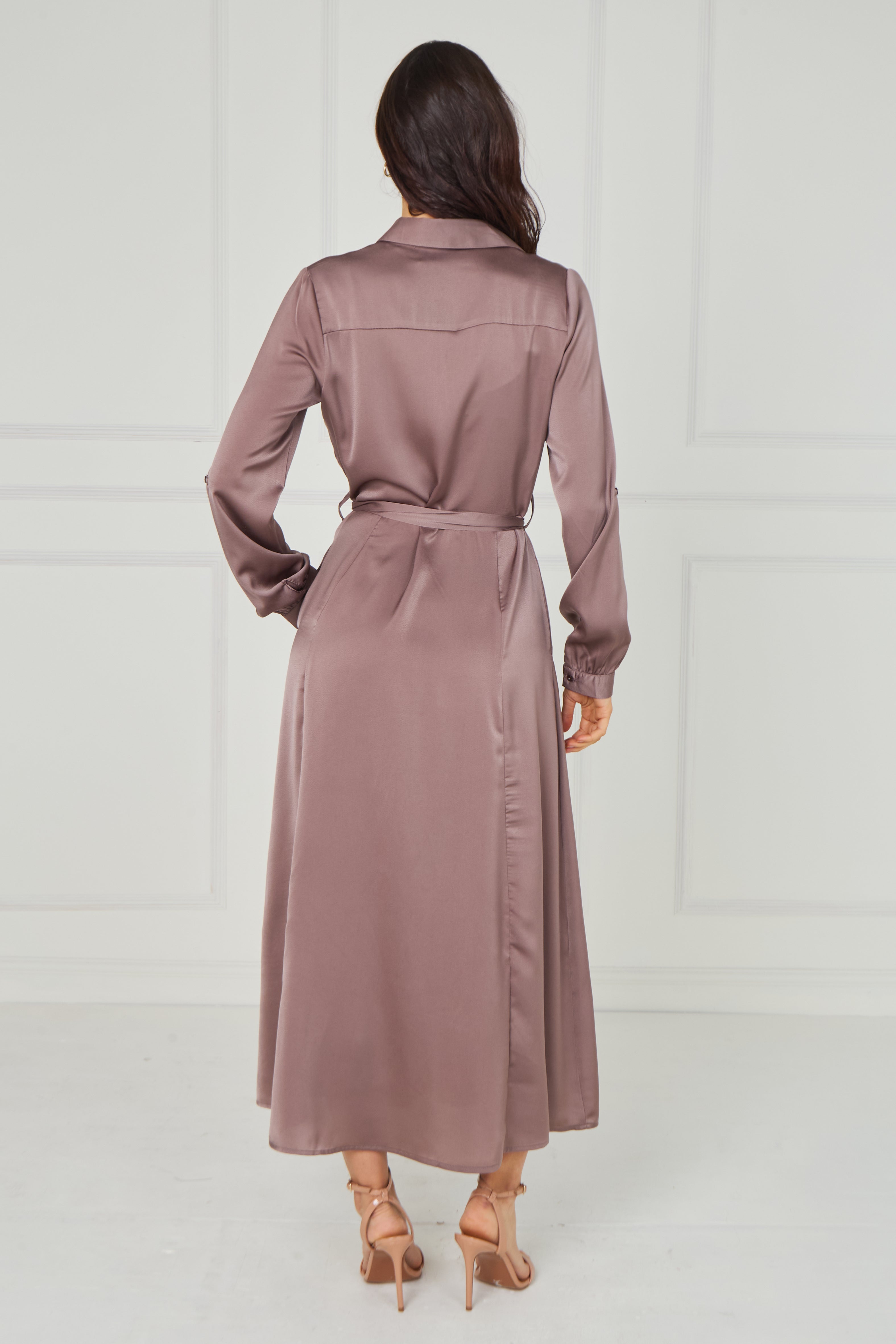 8Pcs Dusty Rose Taupe Velvety Satin Maxi Shirt Dress