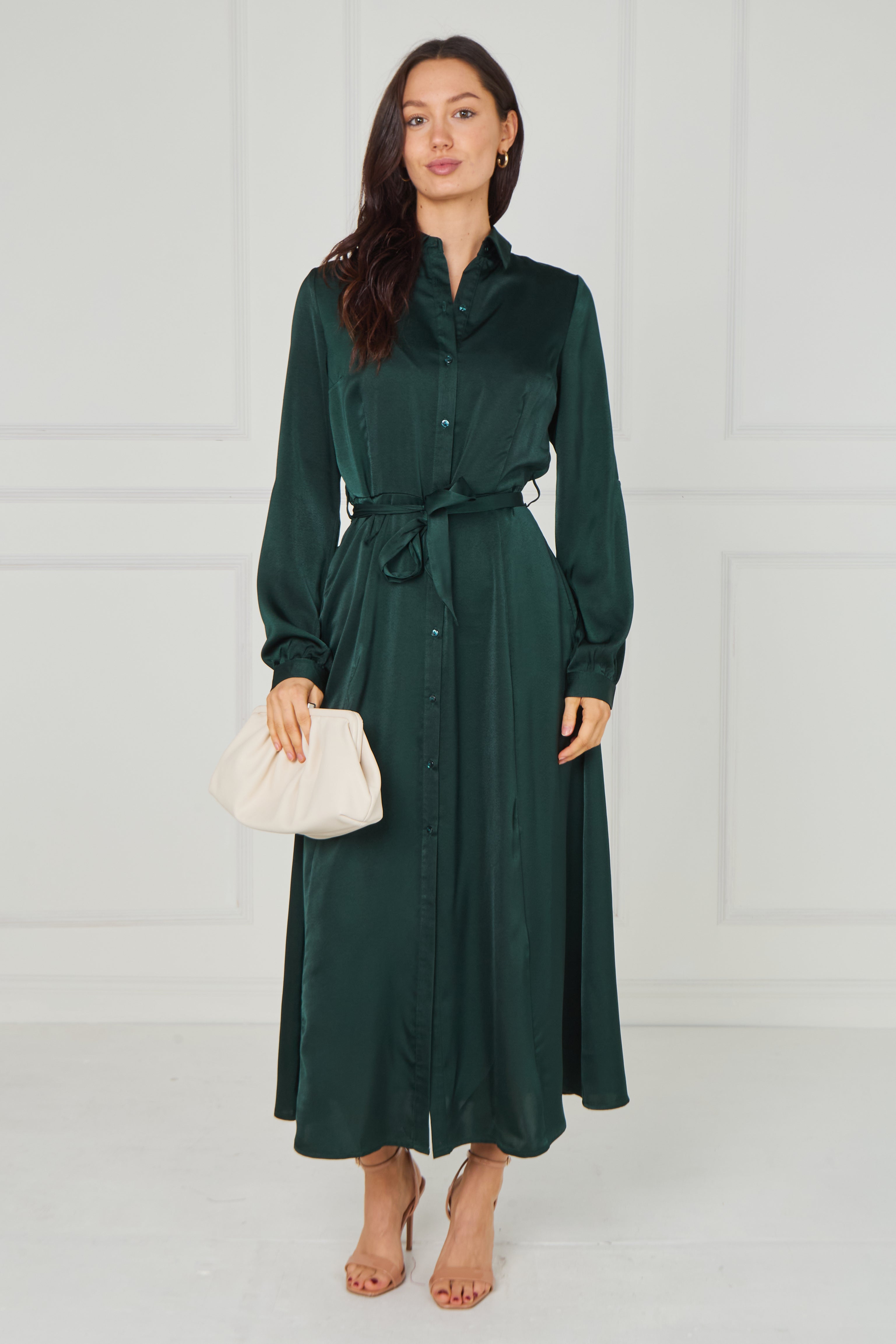 8Pcs Emerald Velvety Satin Maxi Shirt Dress