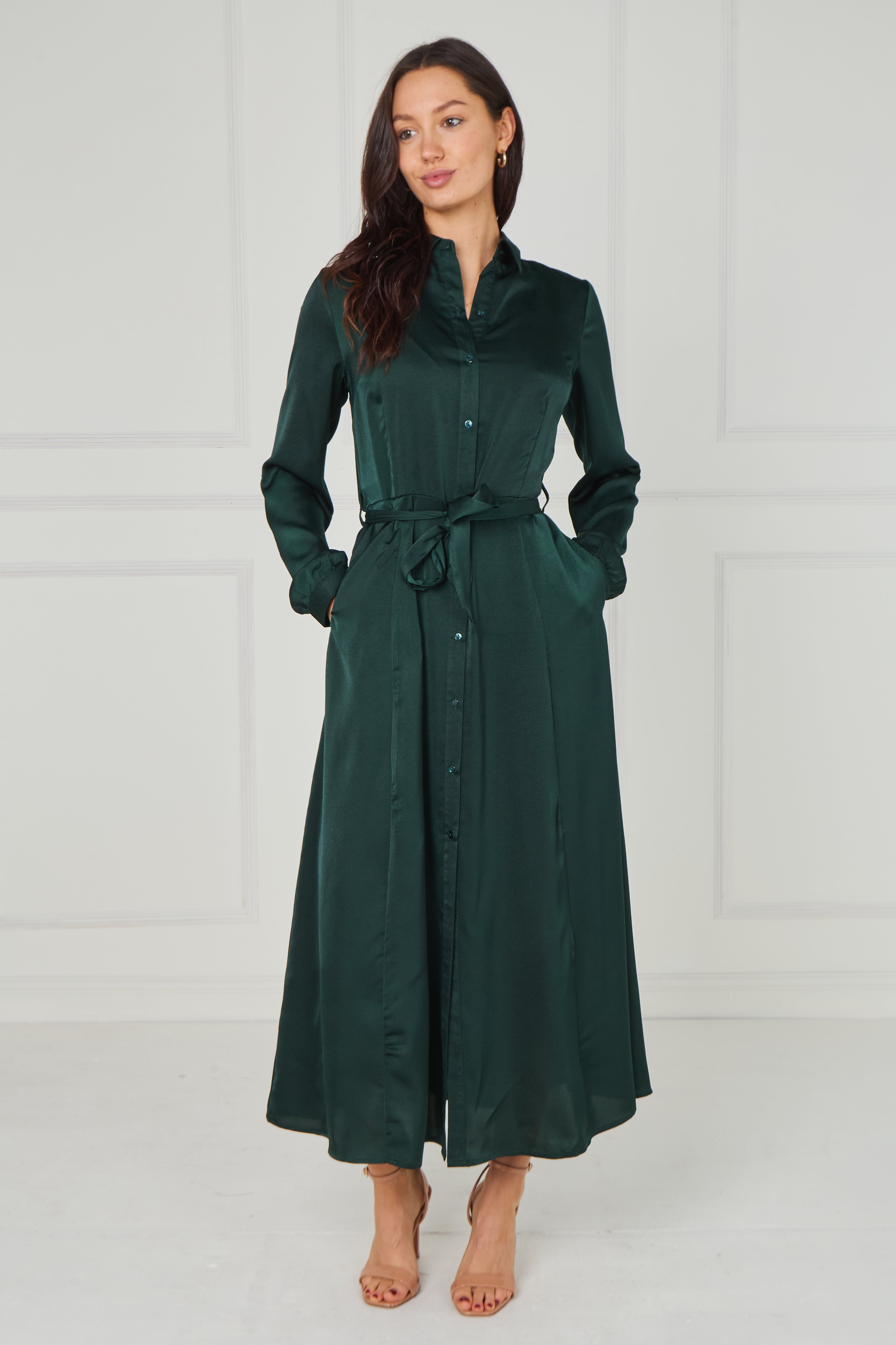 8Pcs Emerald Velvety Satin Maxi Shirt Dress