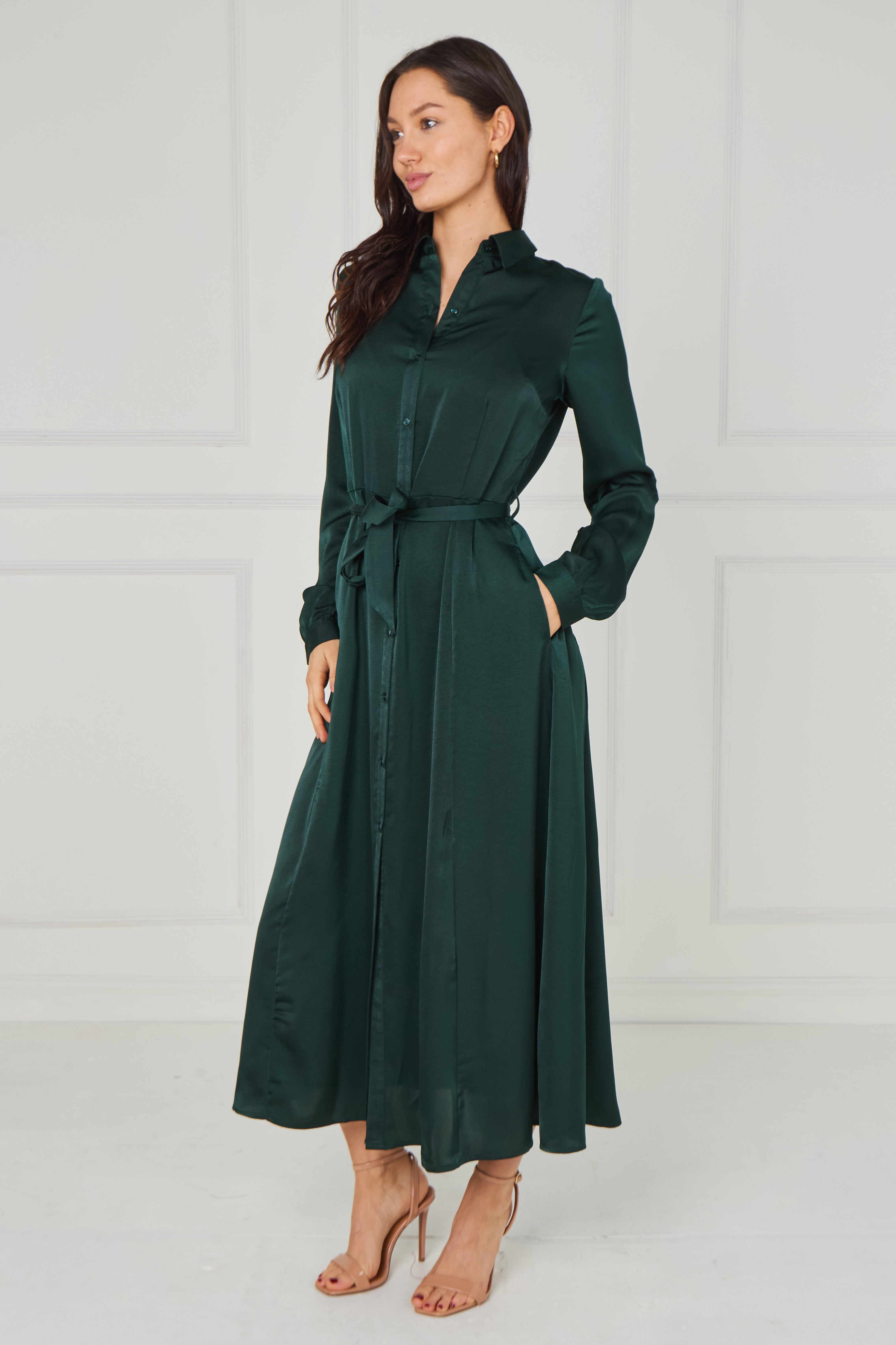 8Pcs Emerald Velvety Satin Maxi Shirt Dress