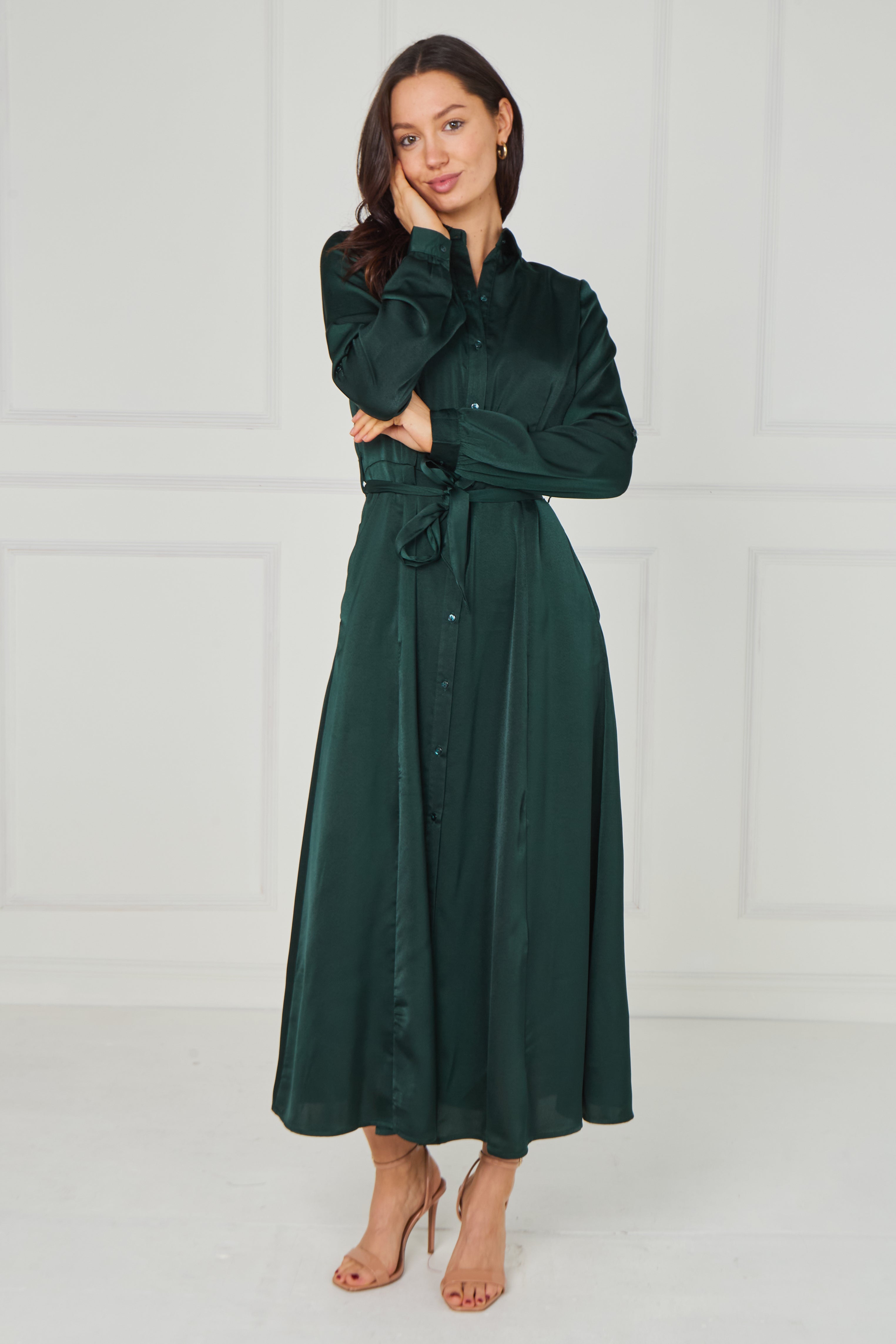 8Pcs Emerald Velvety Satin Maxi Shirt Dress
