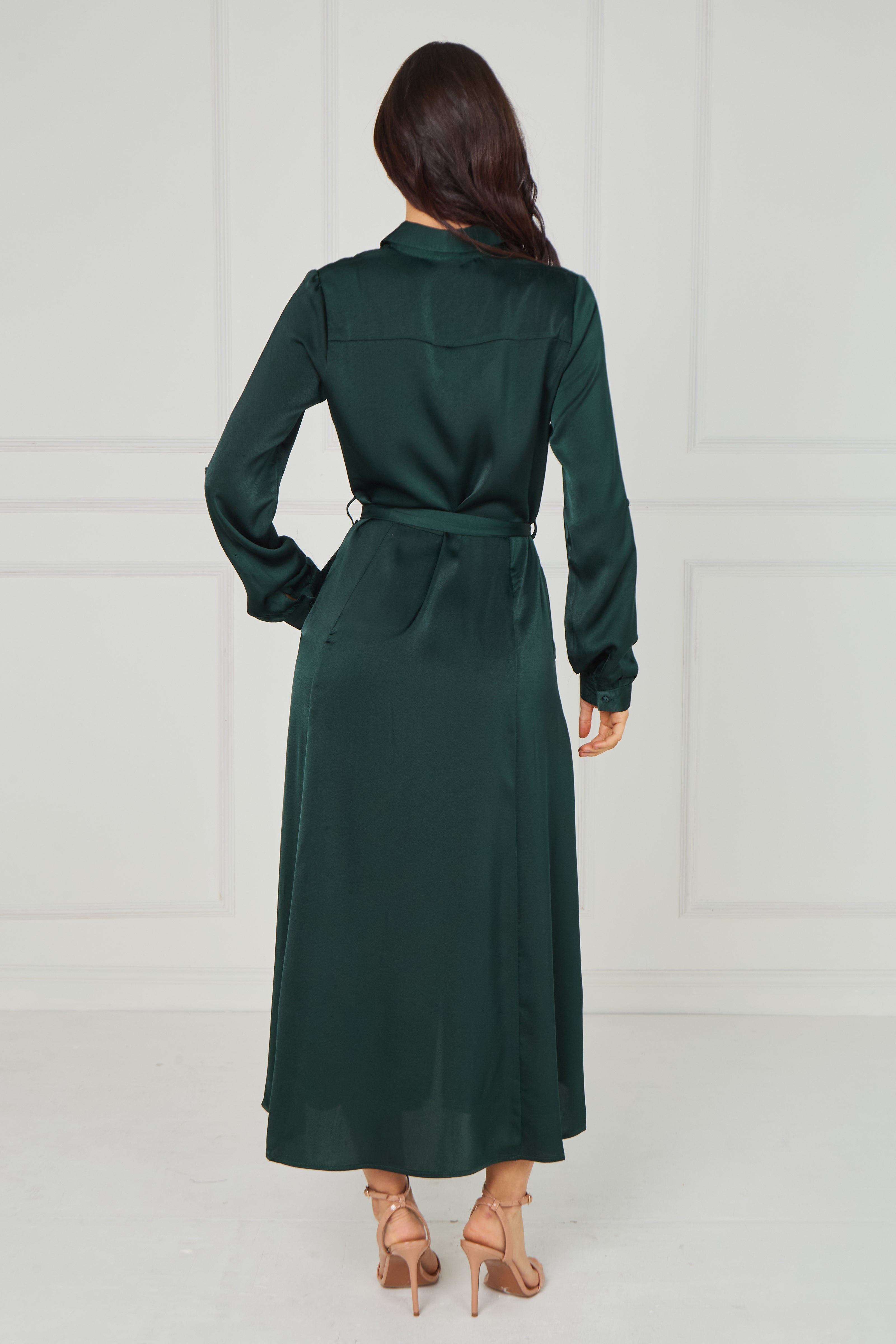 8Pcs Emerald Velvety Satin Maxi Shirt Dress