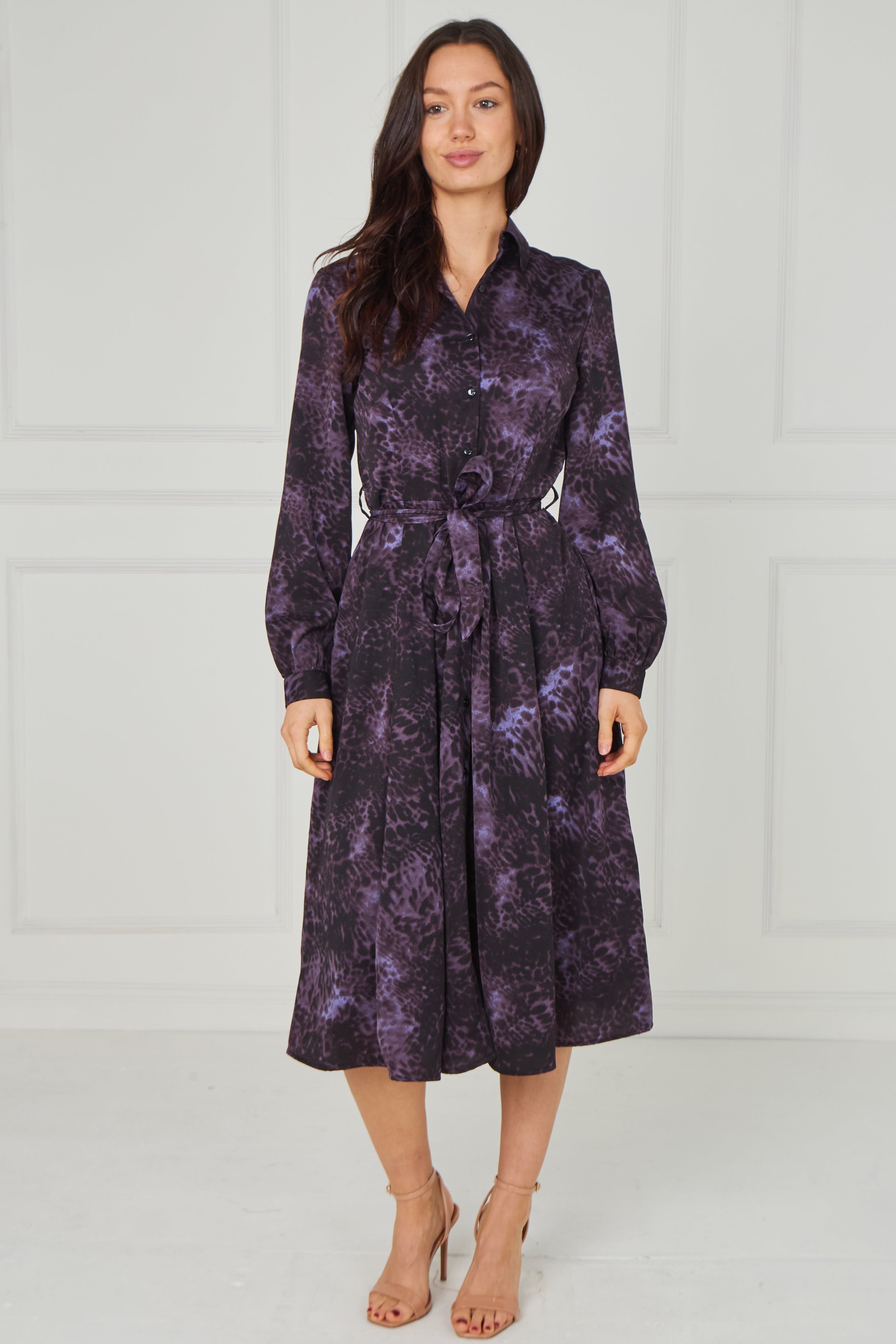 8pcs Purple Leopard Smudge Print Midi Shirt Dress
