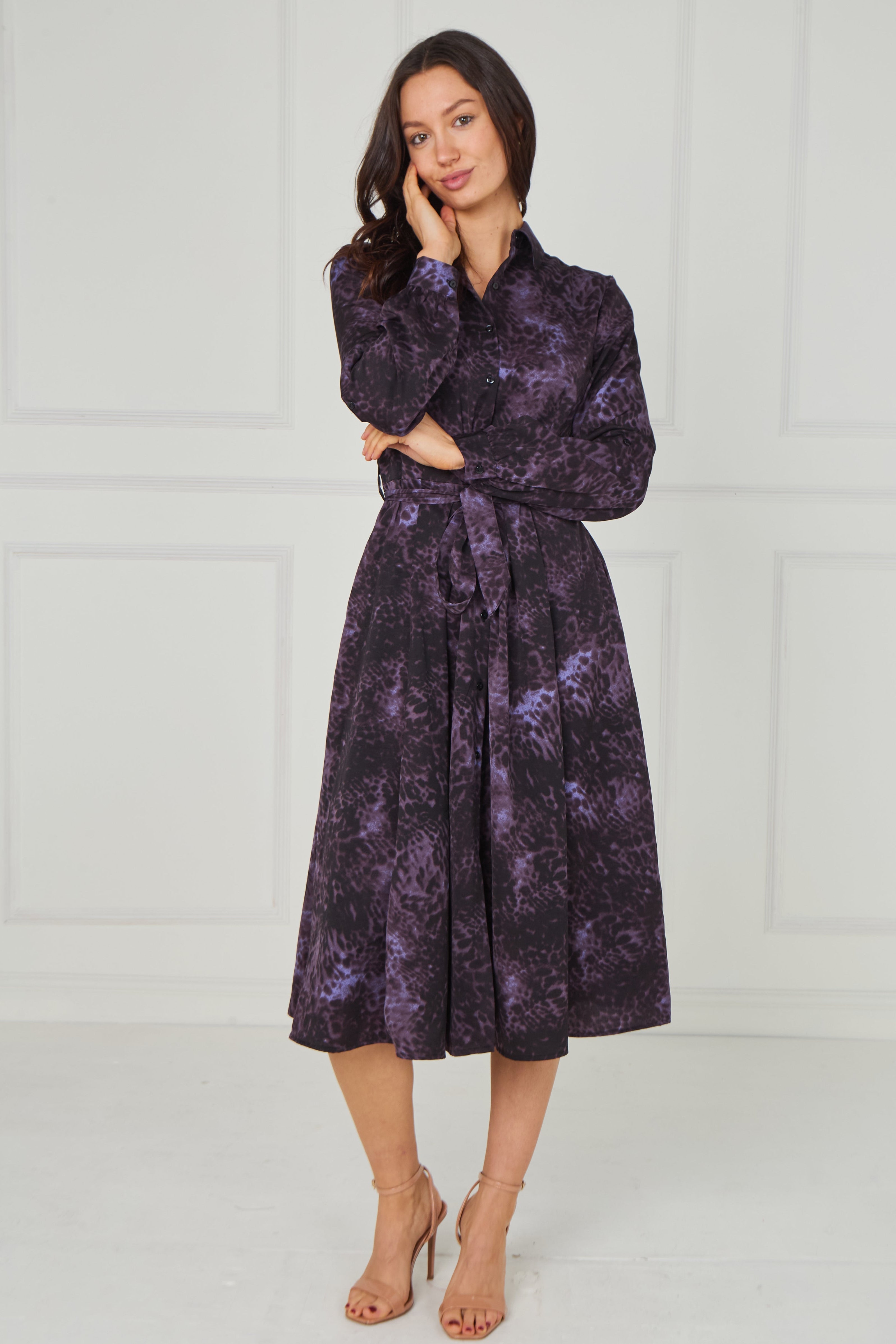 8pcs Purple Leopard Smudge Print Midi Shirt Dress