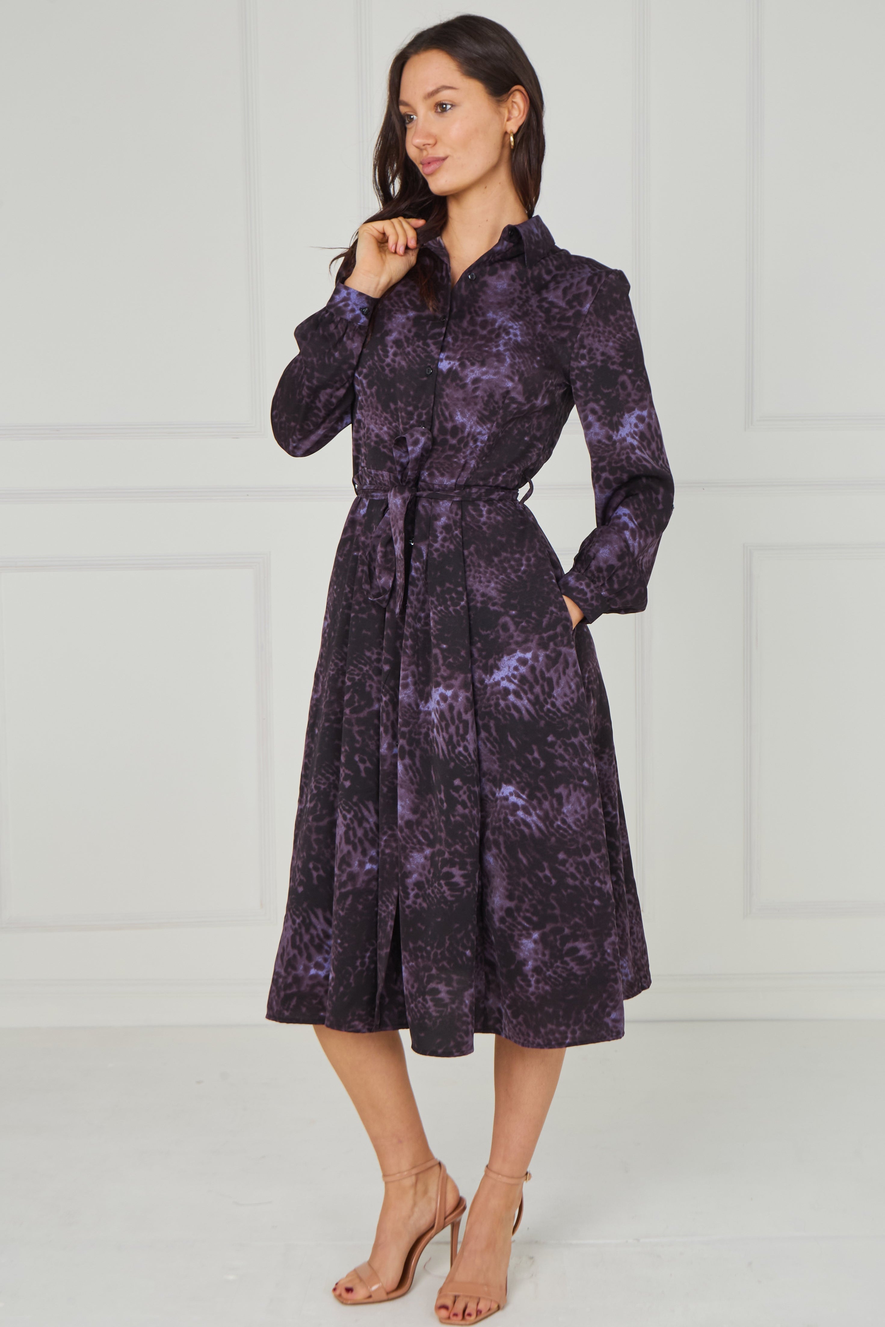 8pcs Purple Leopard Smudge Print Midi Shirt Dress