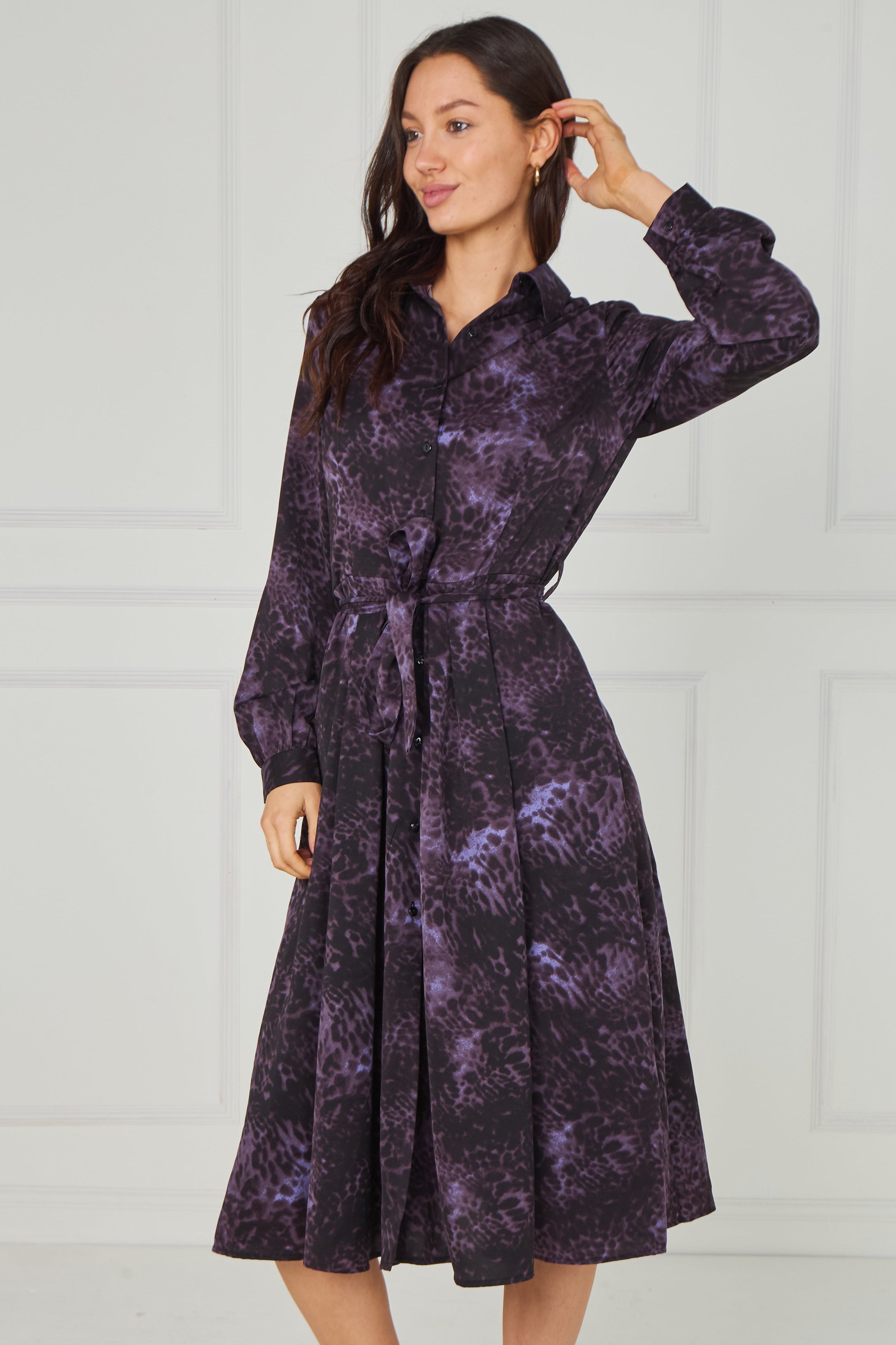 8pcs Purple Leopard Smudge Print Midi Shirt Dress