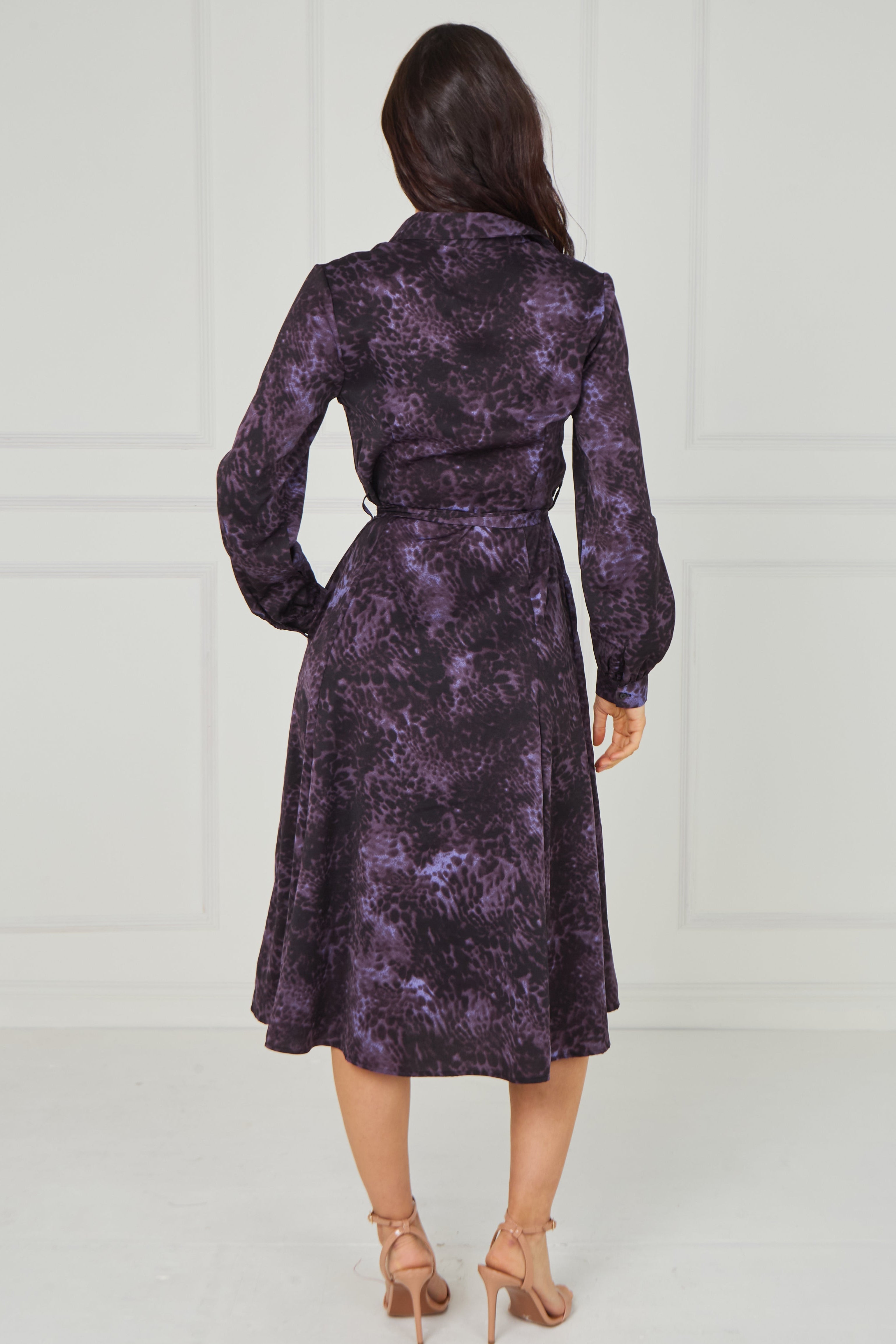 8pcs Purple Leopard Smudge Print Midi Shirt Dress