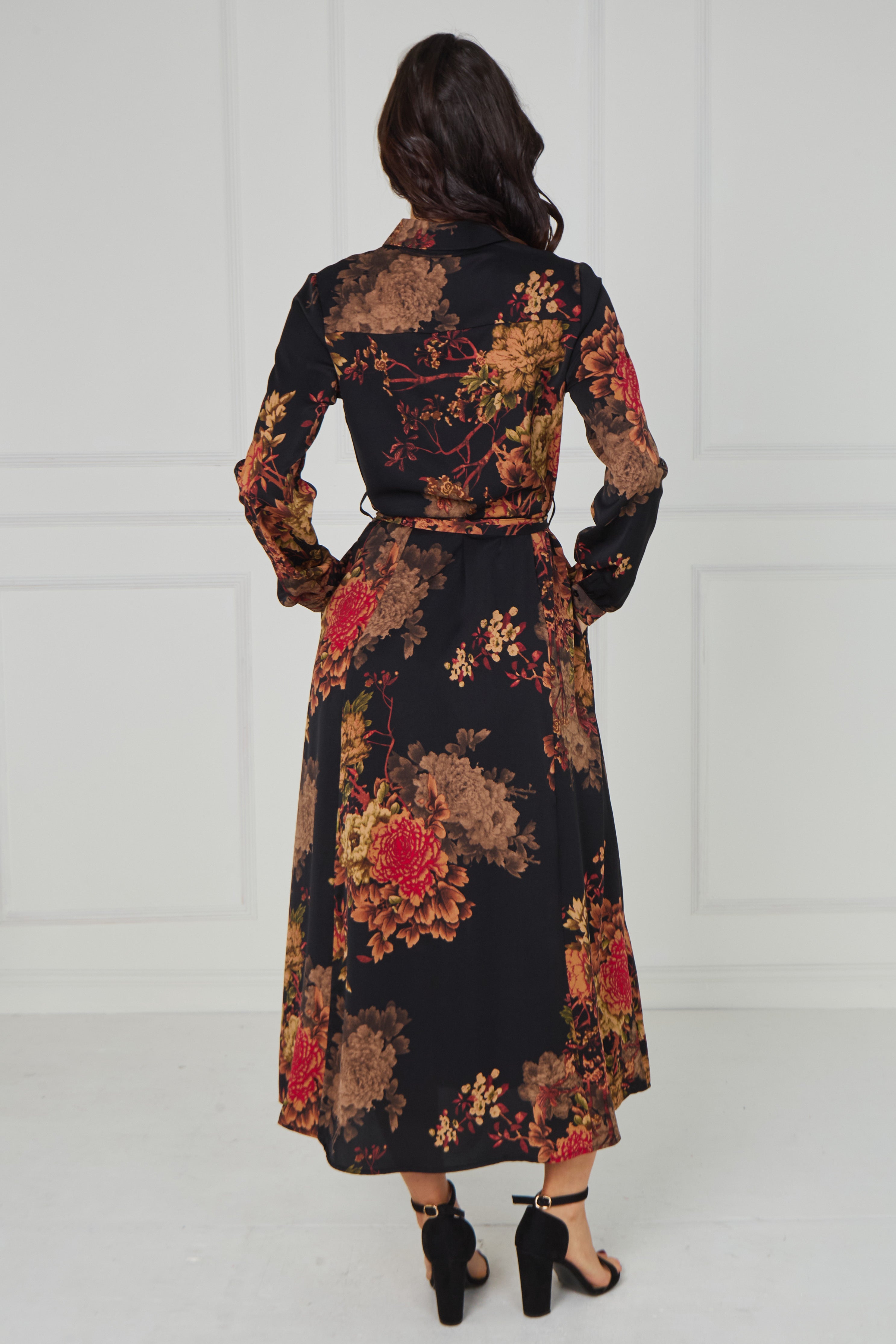 8Pcs Black Vintage Bloom Printed Maxi Shirt Dress
