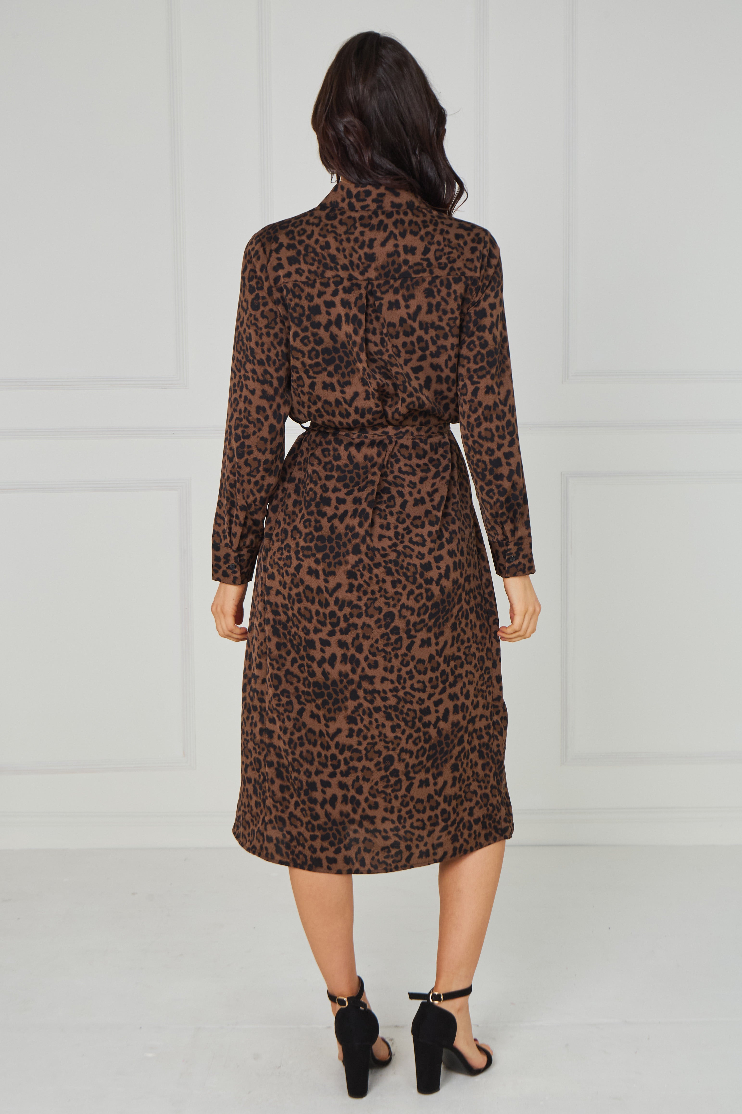 8pcs Brown Leopard Print Tie-Waist Button Midi Shirt Dress