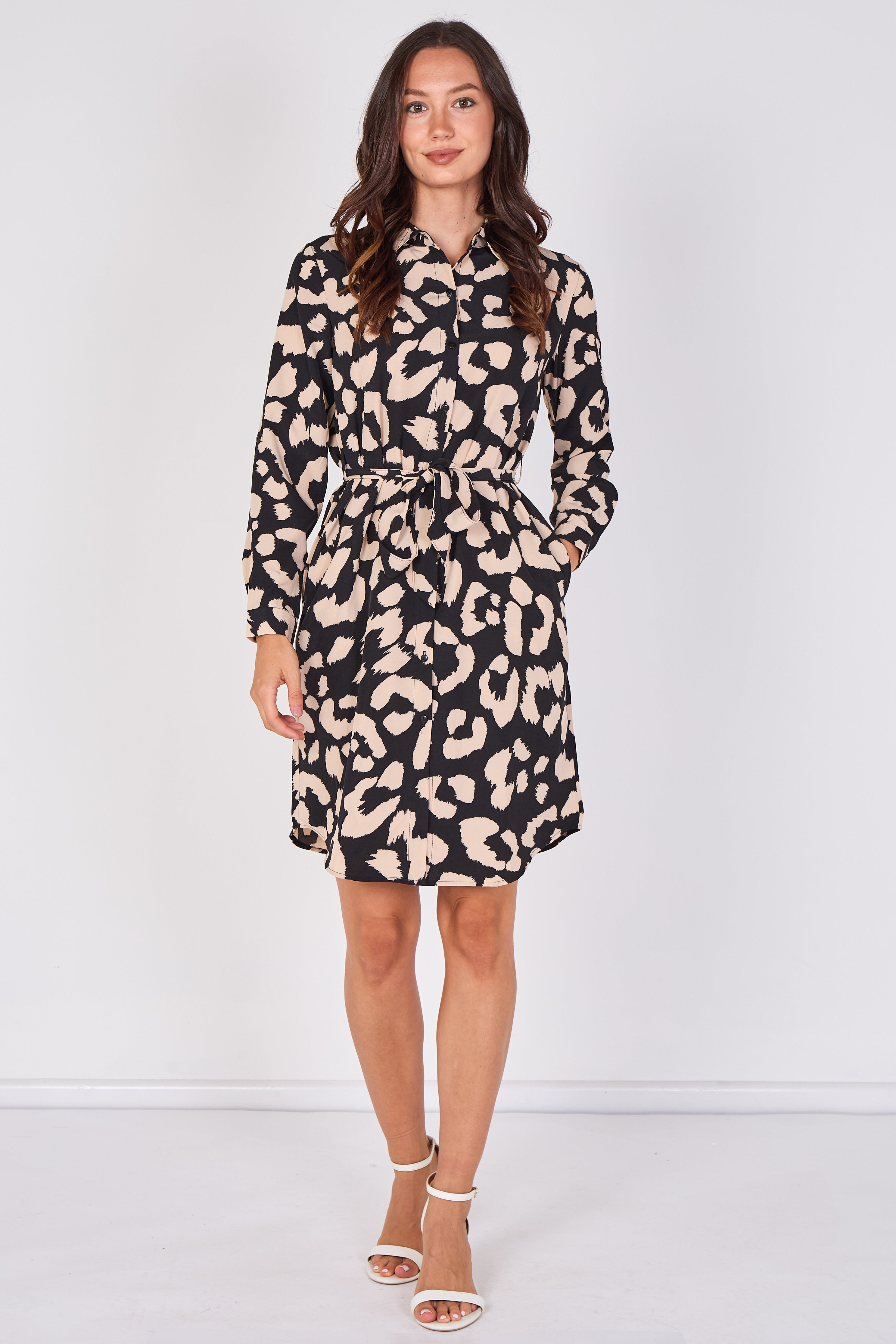 Love Sunshine Black Leopard Print Mini Shirt Dress Brunch Dress Casual Dress Dress with Pockets Dresses Everyday Dress Leopard Print Dress Long Sleeve Dress LS-5026 Workwear Dress