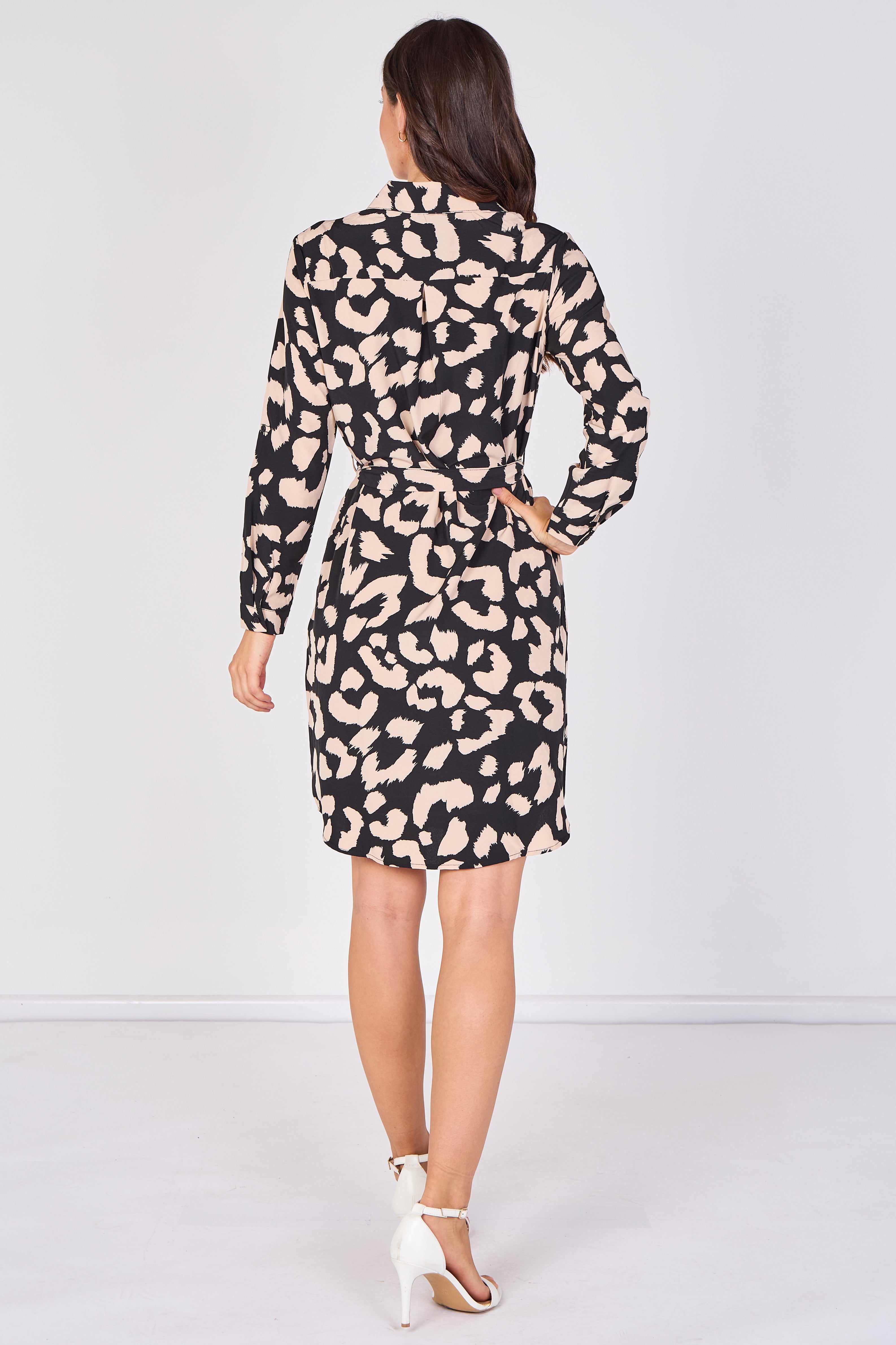 Love Sunshine Black Leopard Print Mini Shirt Dress Brunch Dress Casual Dress Dress with Pockets Dresses Everyday Dress Leopard Print Dress Long Sleeve Dress LS-5026 Workwear Dress