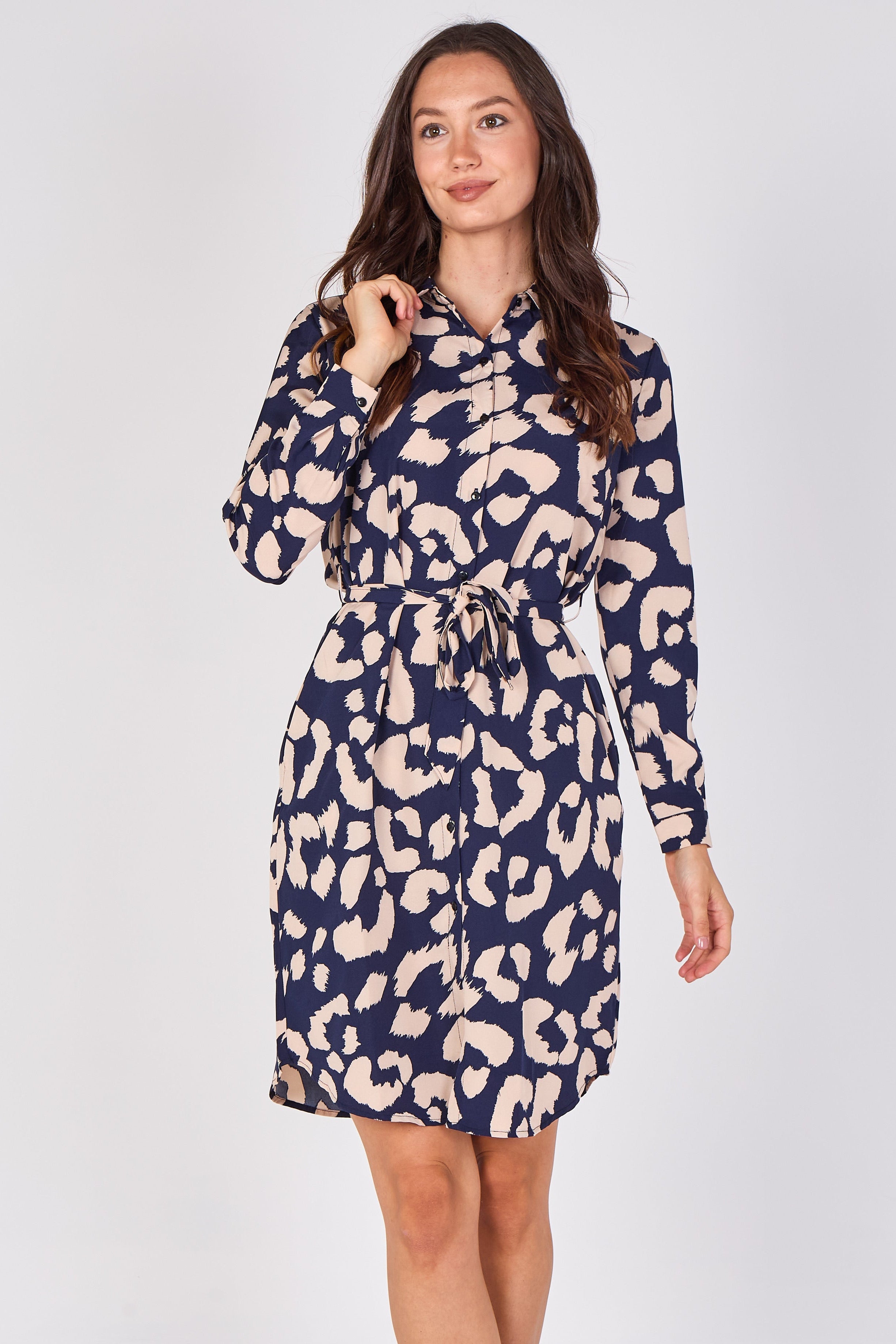 Love Sunshine Navy Leopard Print Mini Shirt Dress Brunch Dress Casual Dress Dress with Pockets Dresses Everyday Dress Leopard Print Dress Long Sleeve Dress LS-5026 Workwear Dress
