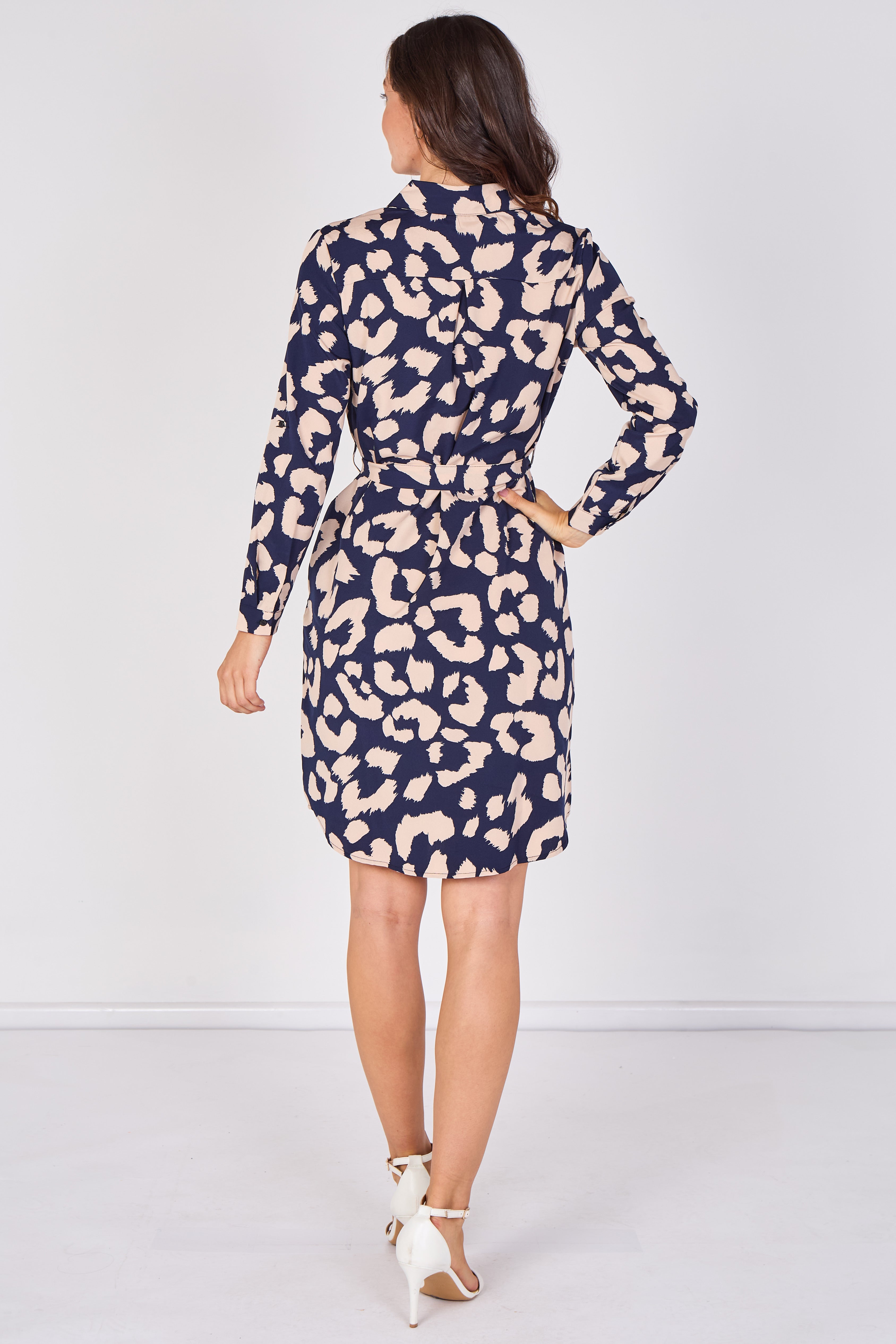 Love Sunshine Navy Leopard Print Mini Shirt Dress Brunch Dress Casual Dress Dress with Pockets Dresses Everyday Dress Leopard Print Dress Long Sleeve Dress LS-5026 Workwear Dress