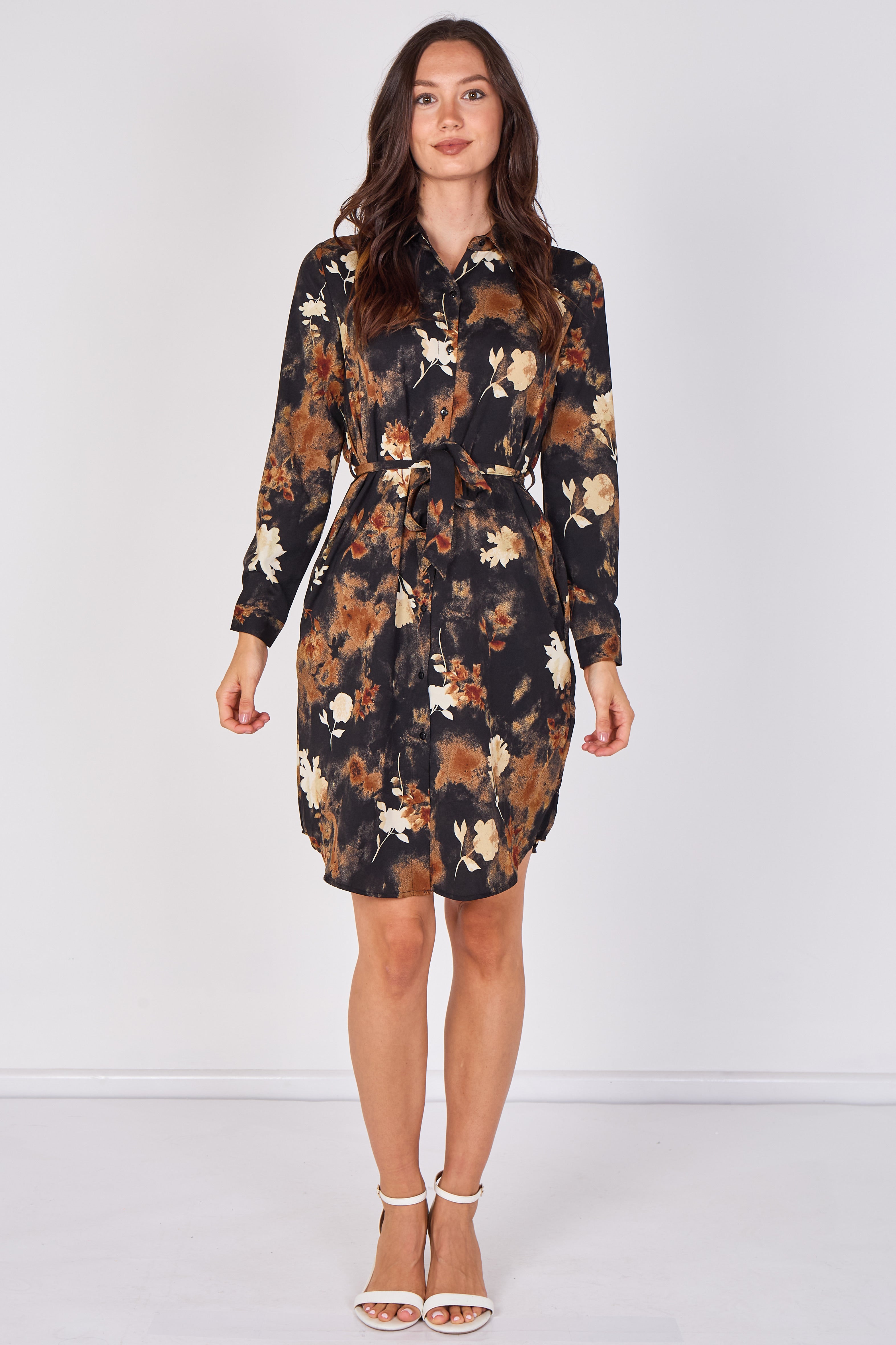 Love Sunshine Black Rust Floral Print Tie Waist Shirt Dress Brunch Dress Casual Dress Dress with Pockets Dresses Everyday Dress Leopard Print Dress Long Sleeve Dress LS-5026 Workwear Dress