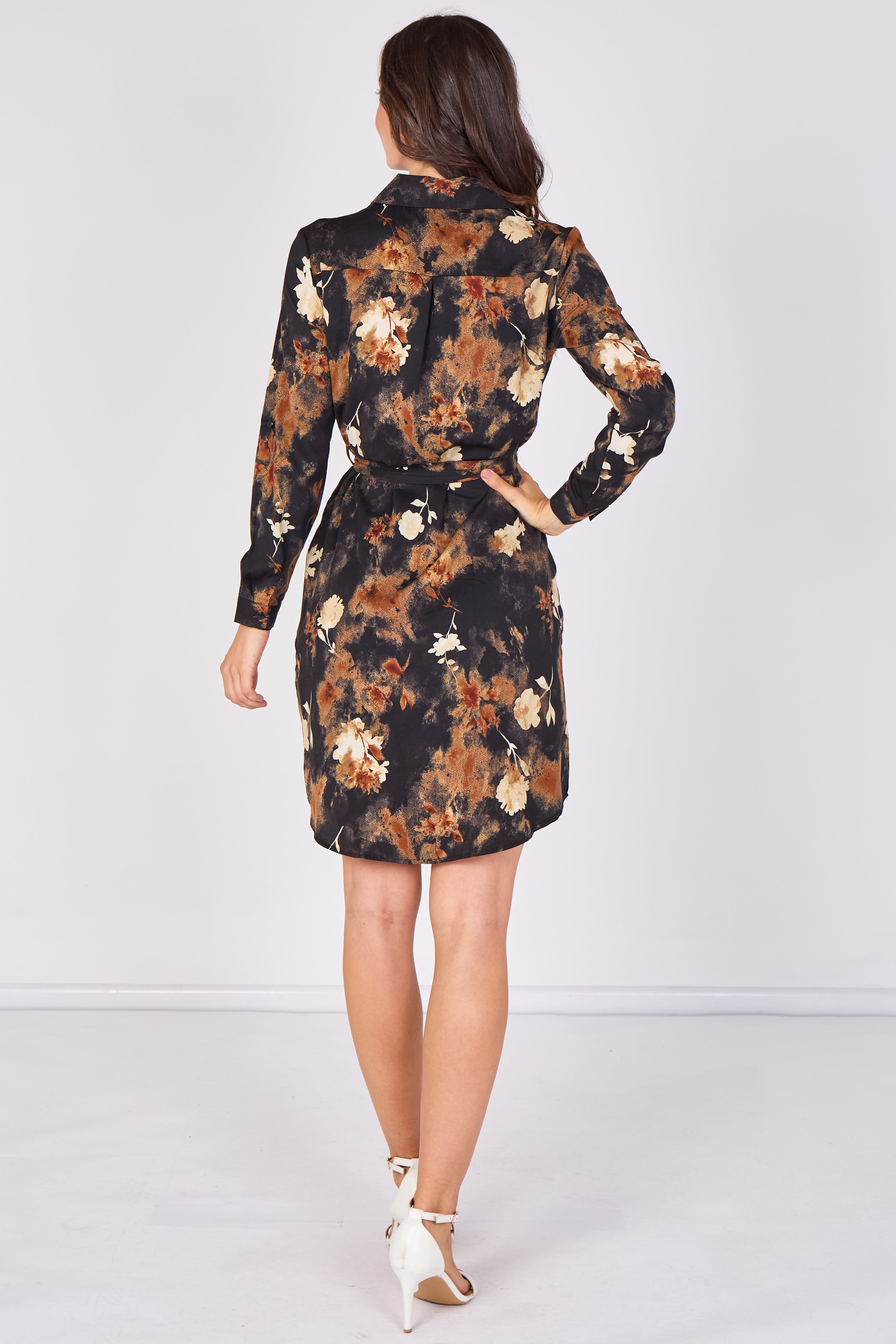 Love Sunshine Black Rust Floral Print Tie Waist Shirt Dress Brunch Dress Casual Dress Dress with Pockets Dresses Everyday Dress Leopard Print Dress Long Sleeve Dress LS-5026 Workwear Dress