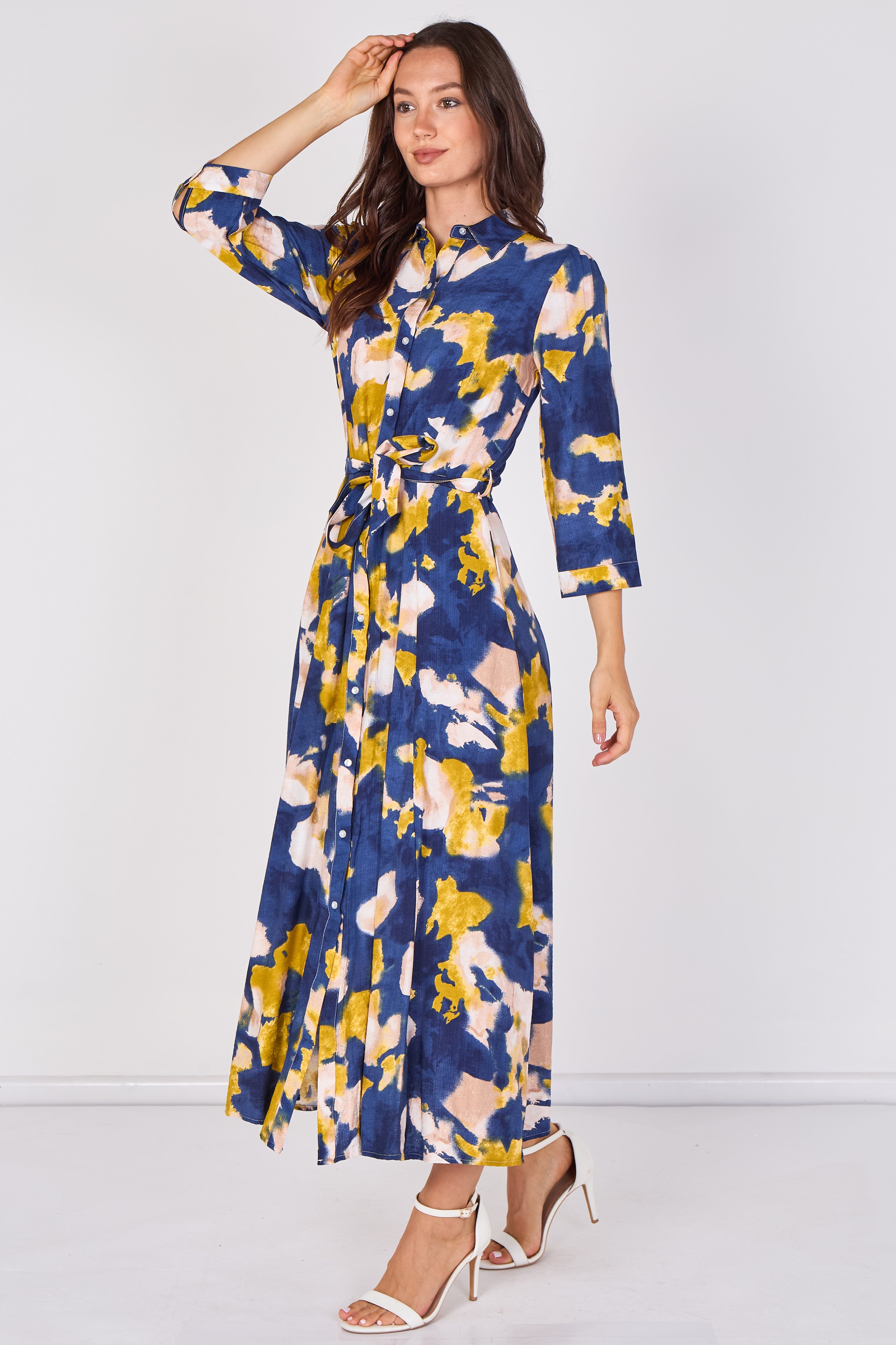 Love Sunshine Navy Abstract Print Tie Waist Maxi Shirt Dress Belted Dress Day to Night Long Sleeve Maxi Dress NEW IN Occasionwear Shirt Dress