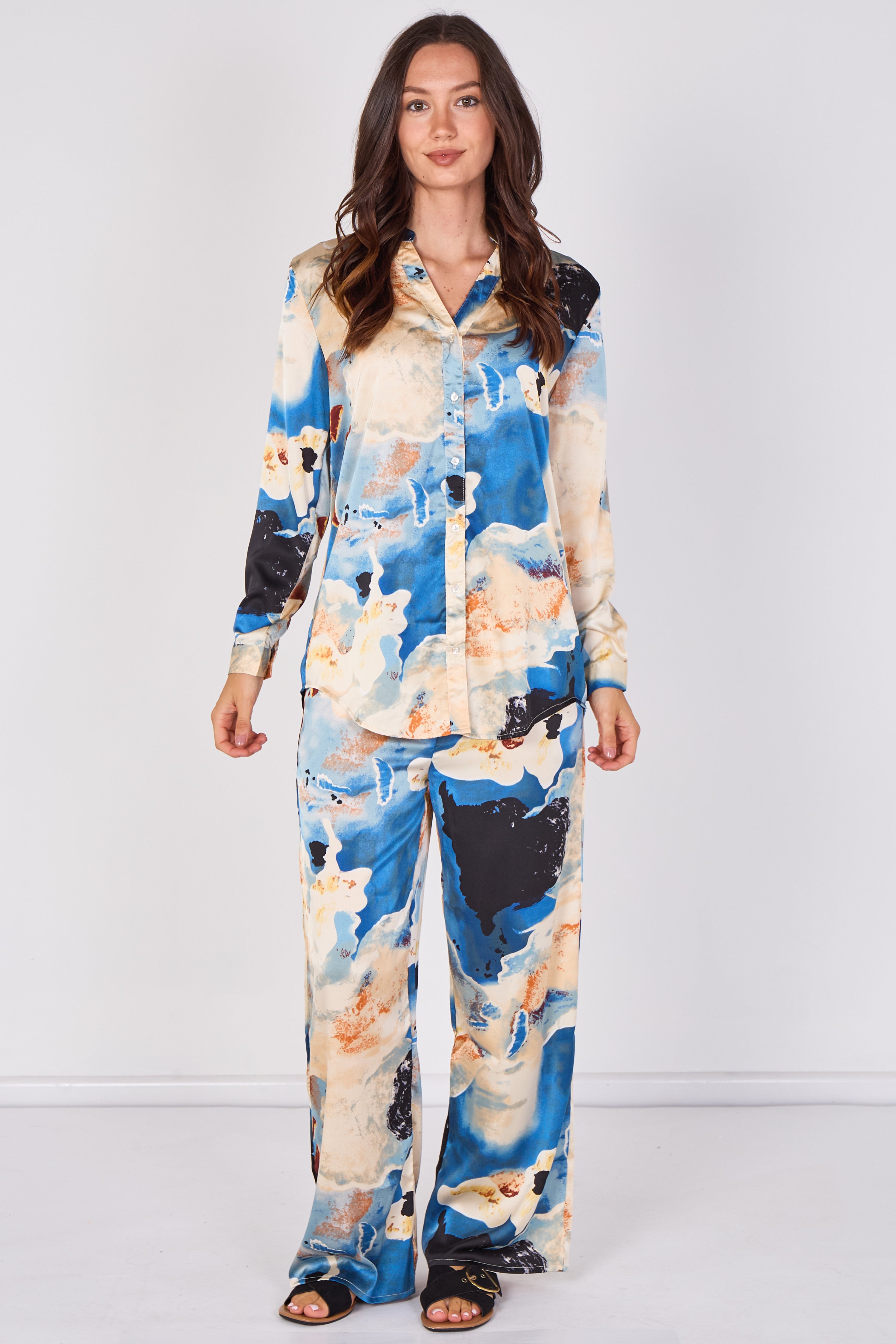 Love Sunshine Blue Abstract Print Satin Shirt and Trouser Set Co ord sets LS-5002 LS-5002&9057 LS-9057