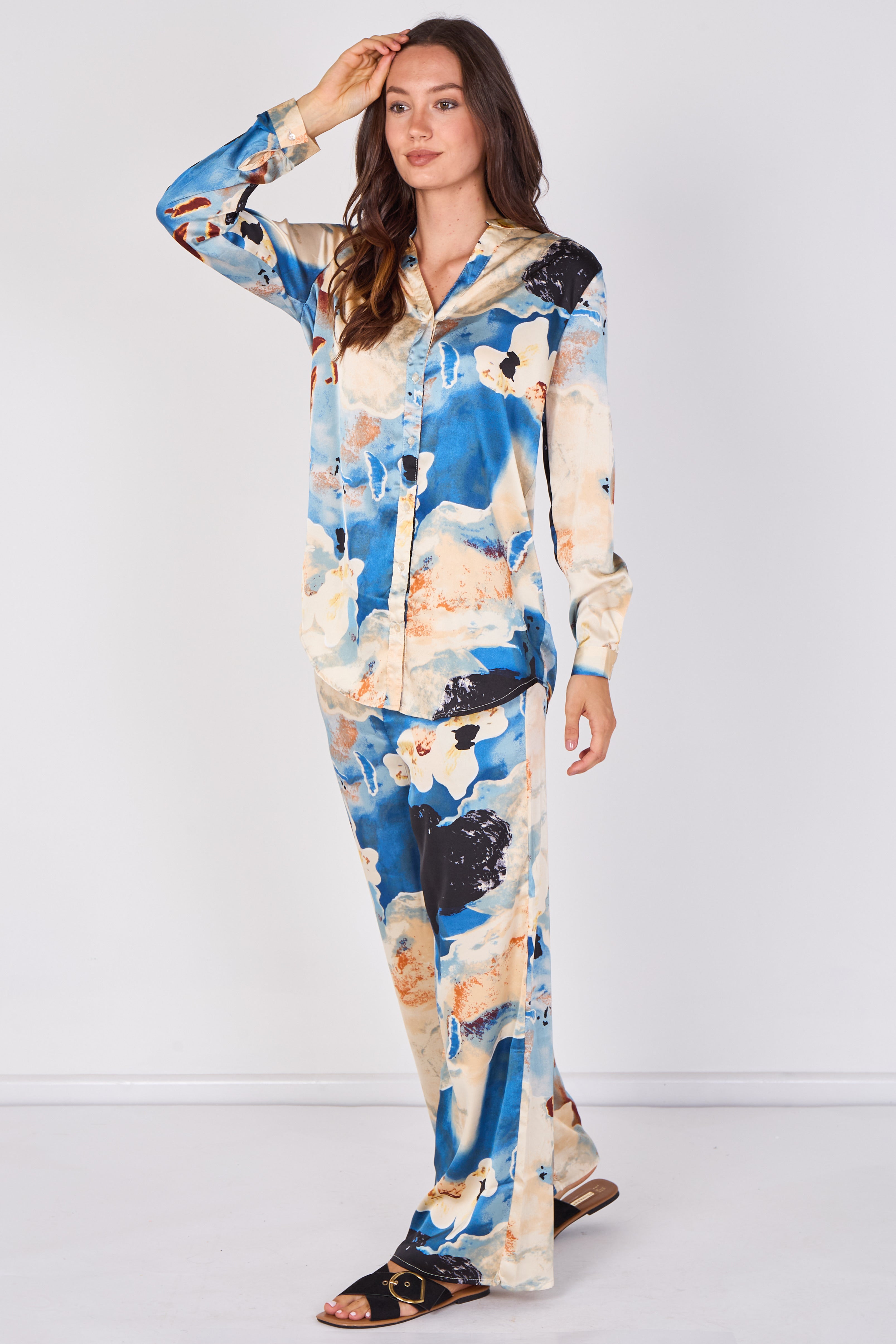 Love Sunshine Blue Abstract Print Satin Shirt and Trouser Set Co ord sets LS-5002 LS-5002&9057 LS-9057