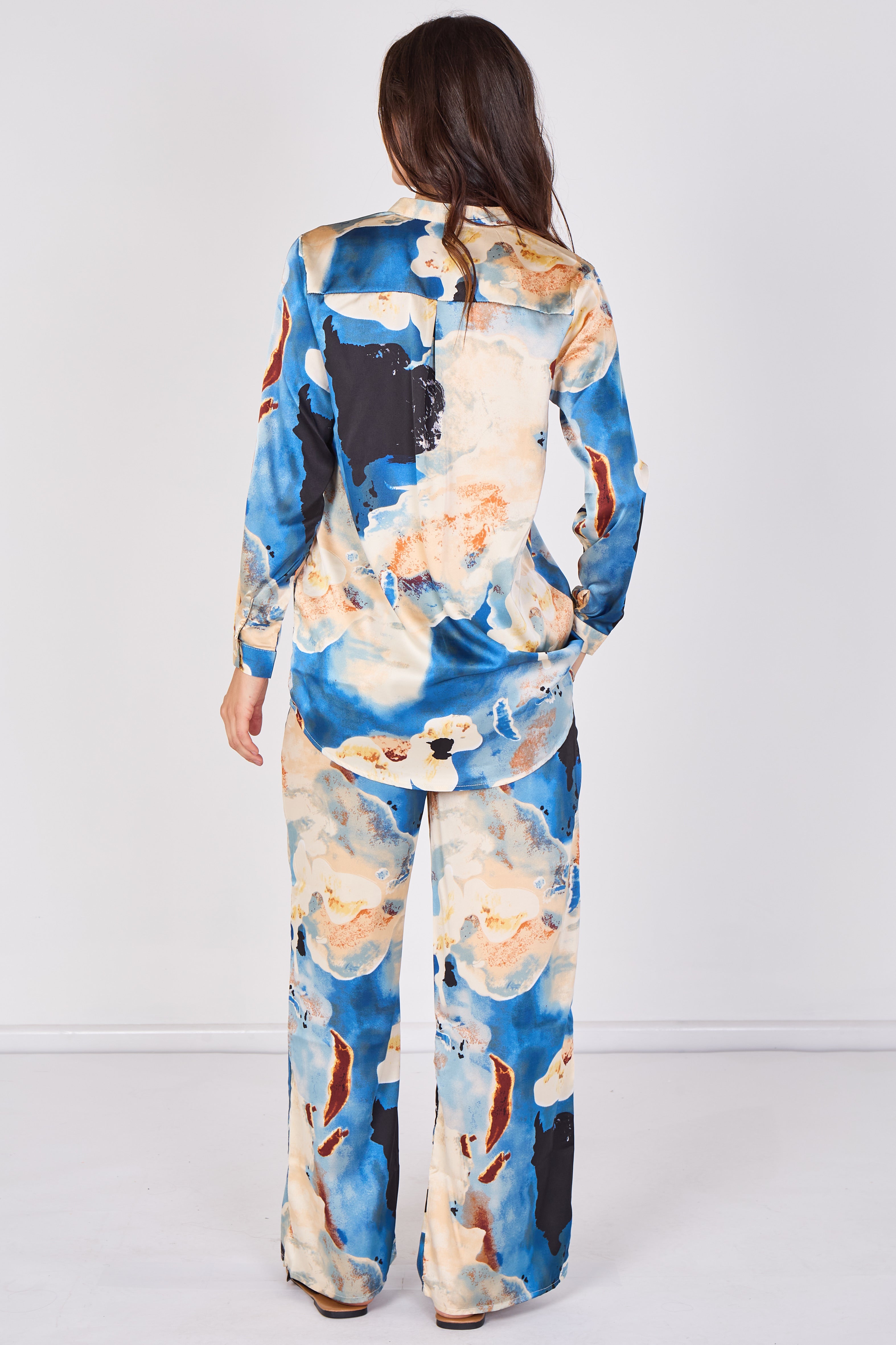 Love Sunshine Blue Abstract Print Satin Shirt and Trouser Set Co ord sets LS-5002 LS-5002&9057 LS-9057