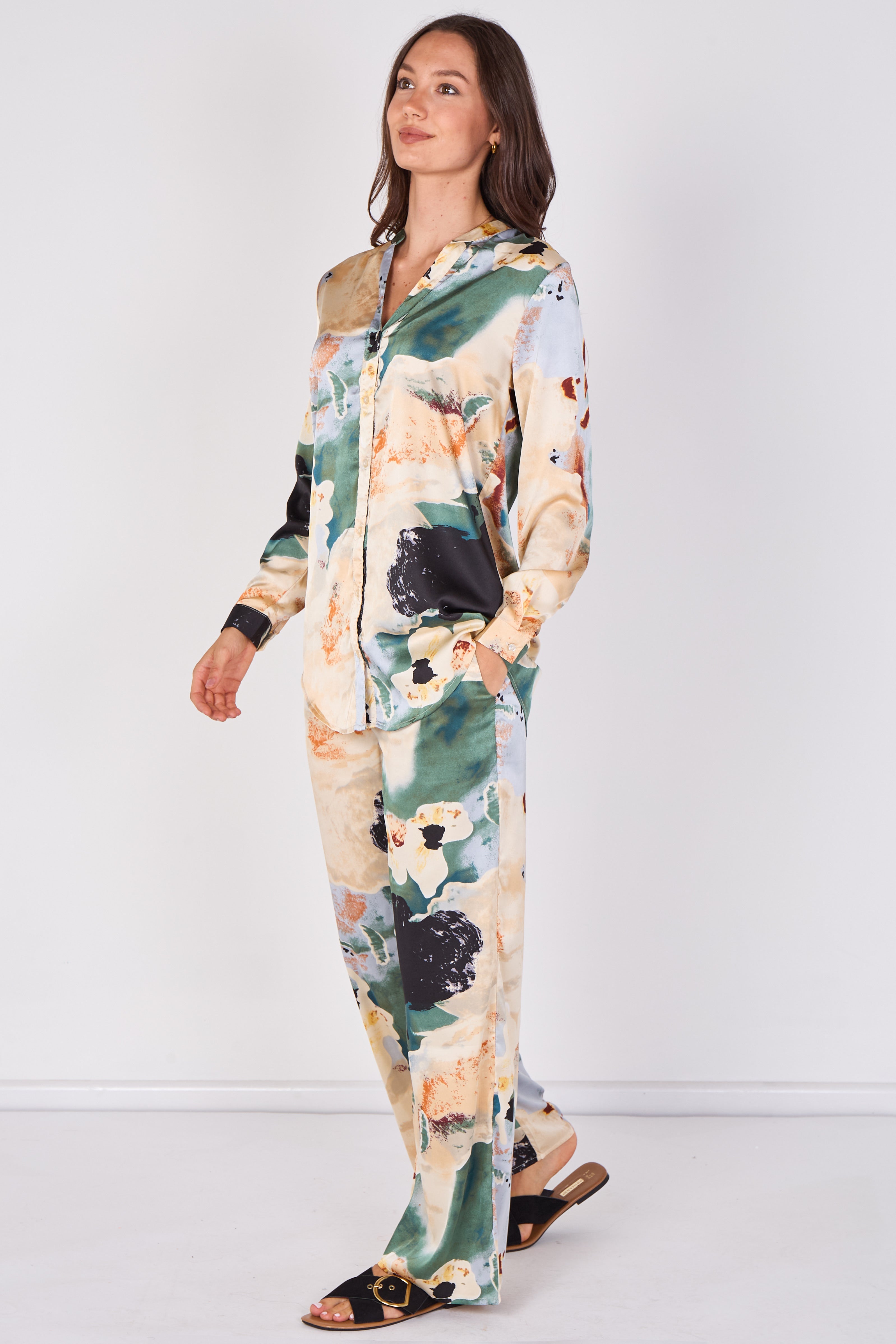 Love Sunshine Green Abstract Print Satin Shirt and Trouser Set Co ord sets LS-5002 LS-5002&9057 LS-9057