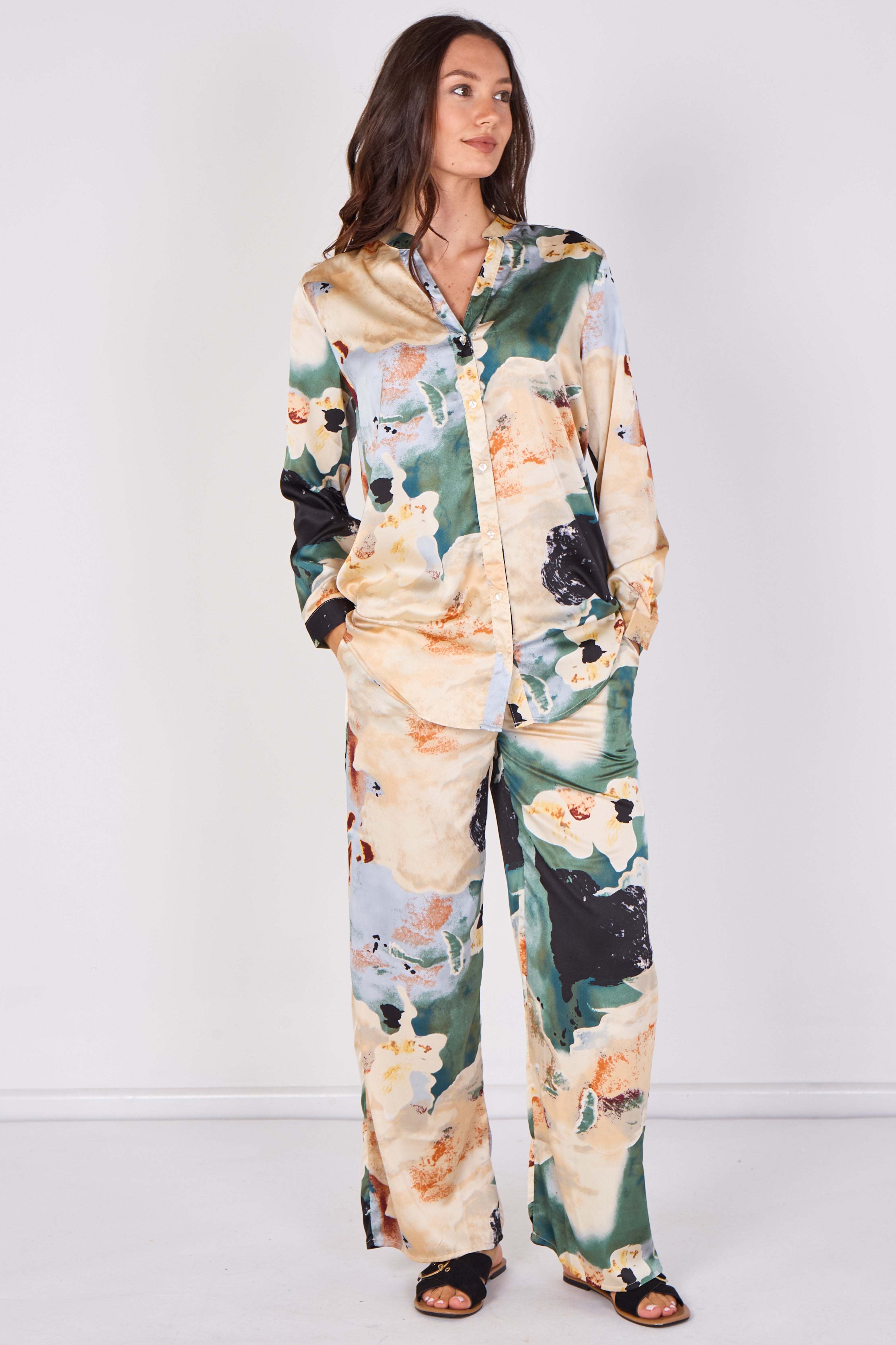 Love Sunshine Green Abstract Print Satin Shirt and Trouser Set Co ord sets LS-5002 LS-5002&9057 LS-9057