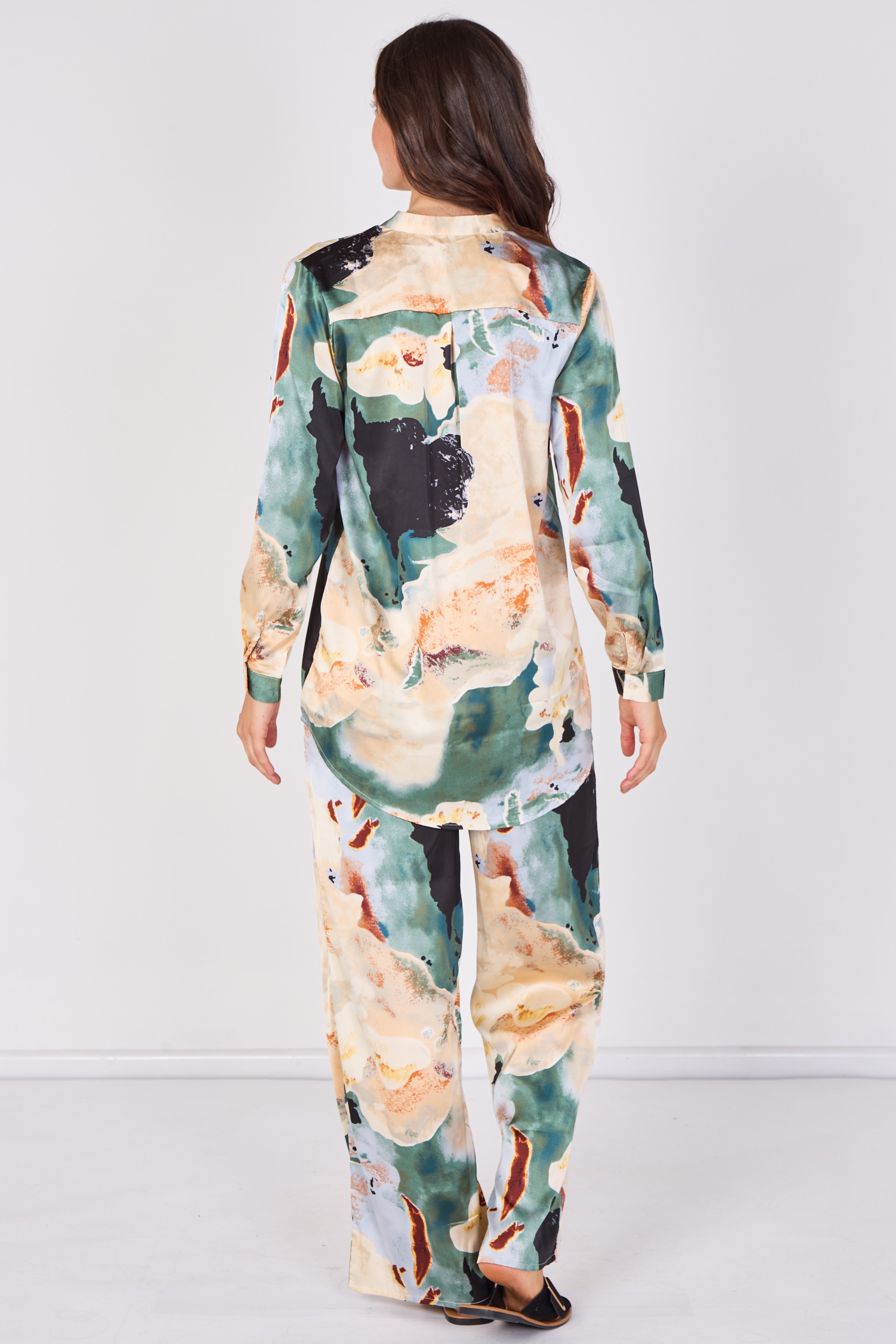 Love Sunshine Green Abstract Print Satin Shirt and Trouser Set Co ord sets LS-5002 LS-5002&9057 LS-9057