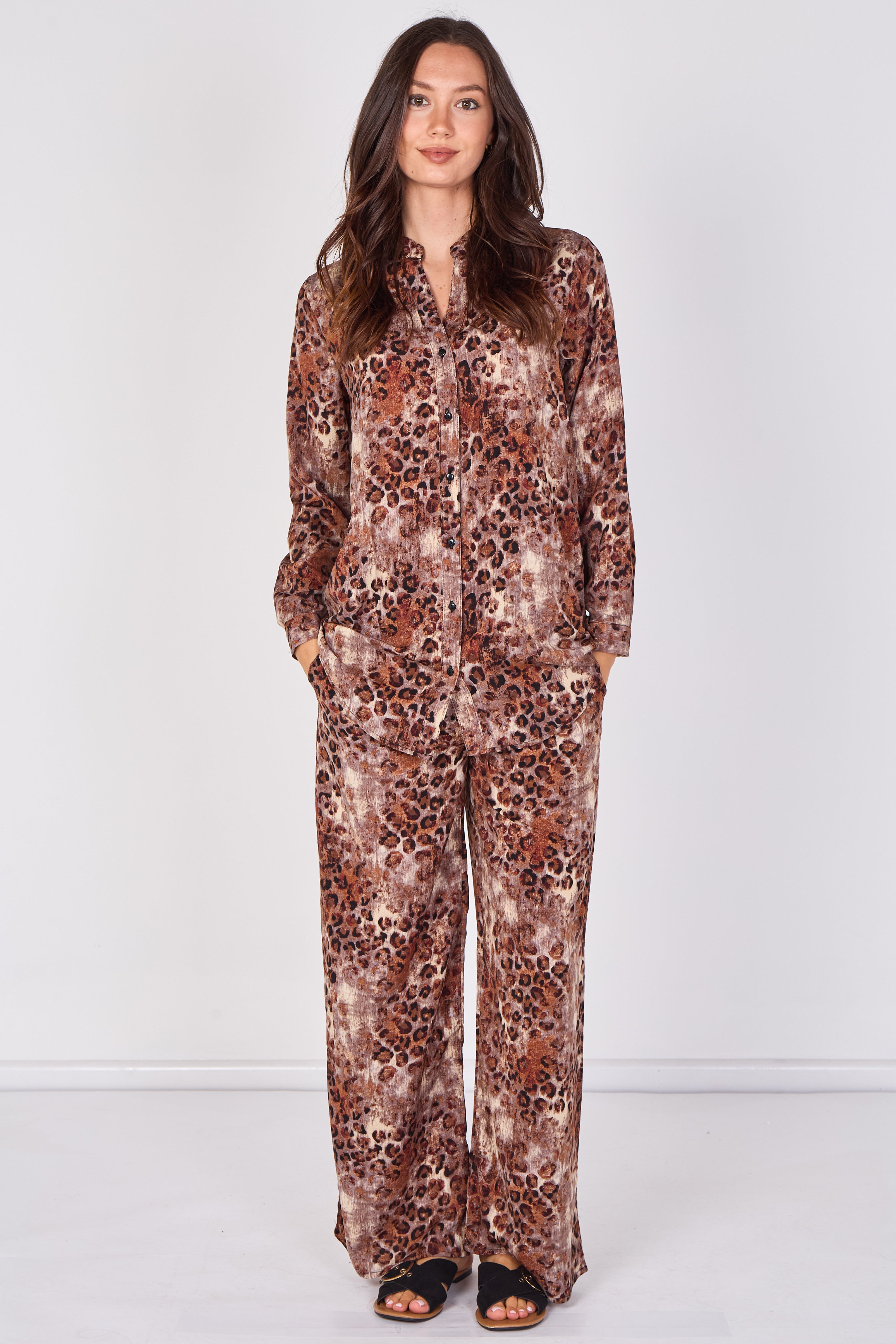 Love Sunshine Brown Leopard Print Velvety Shirt and Trouser Set Co ord sets LS-5002 LS-5002&9057 LS-9057