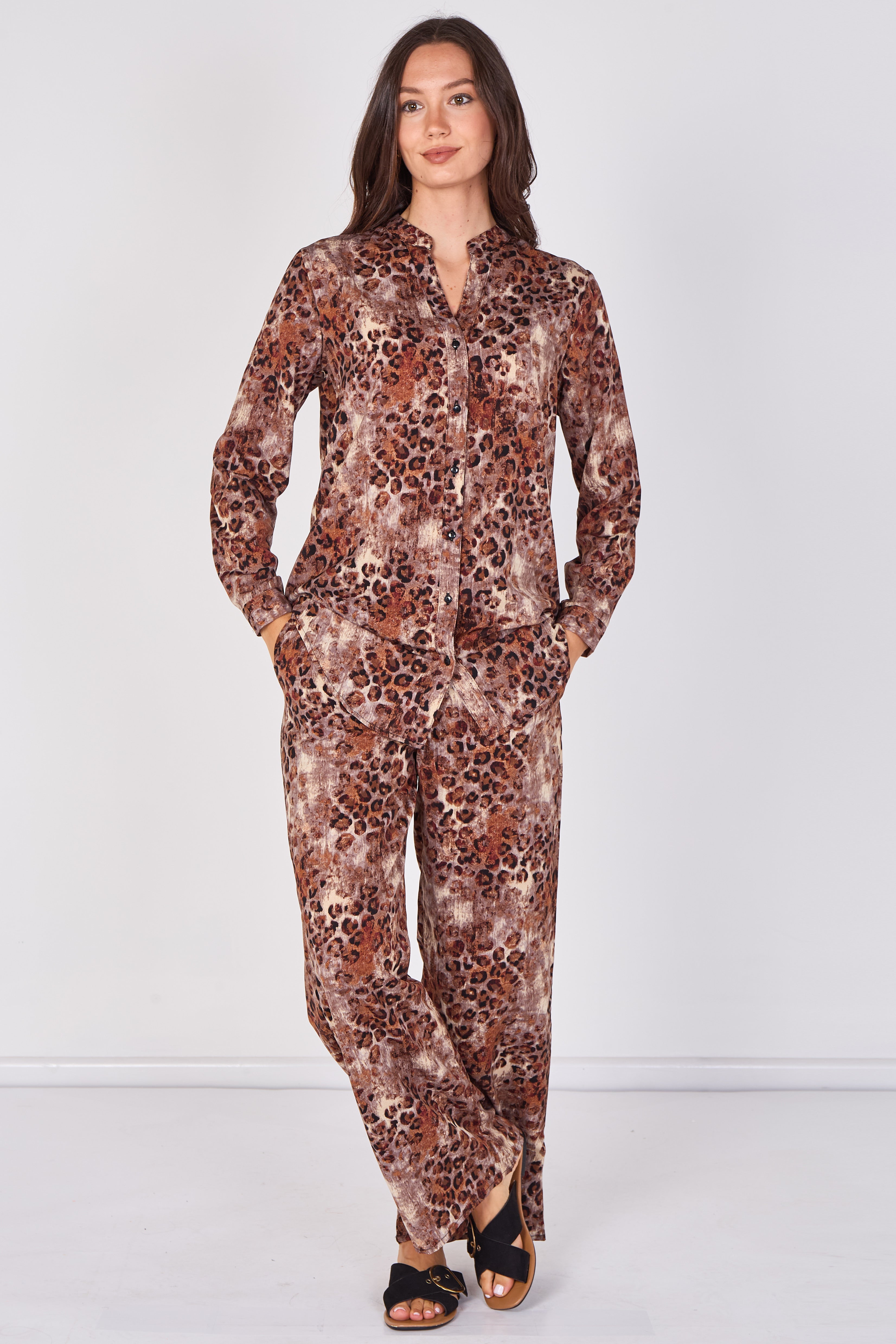 Love Sunshine Brown Leopard Print Velvety Shirt and Trouser Set Co ord sets LS-5002 LS-5002&9057 LS-9057