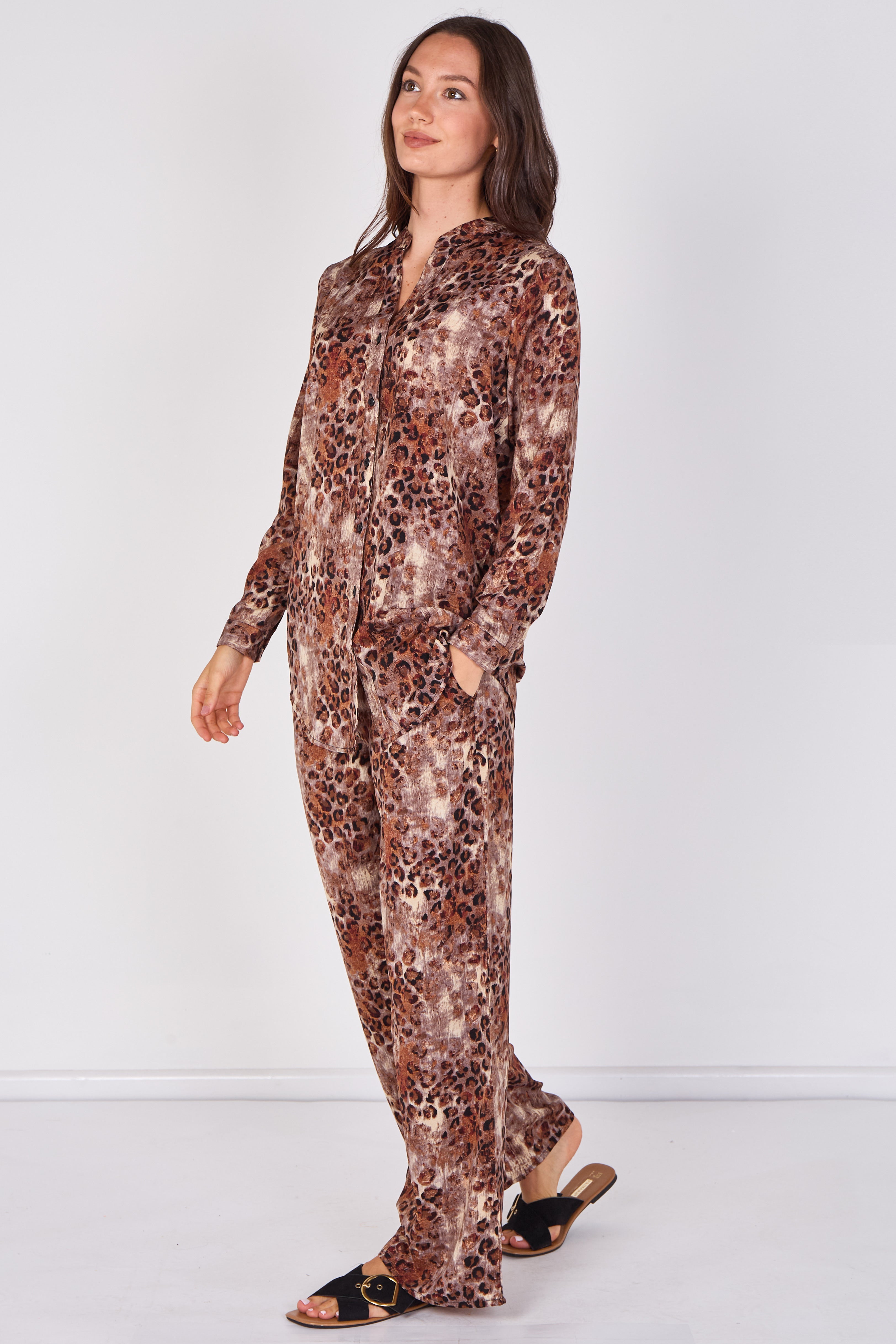 Love Sunshine Brown Leopard Print Velvety Shirt and Trouser Set Co ord sets LS-5002 LS-5002&9057 LS-9057