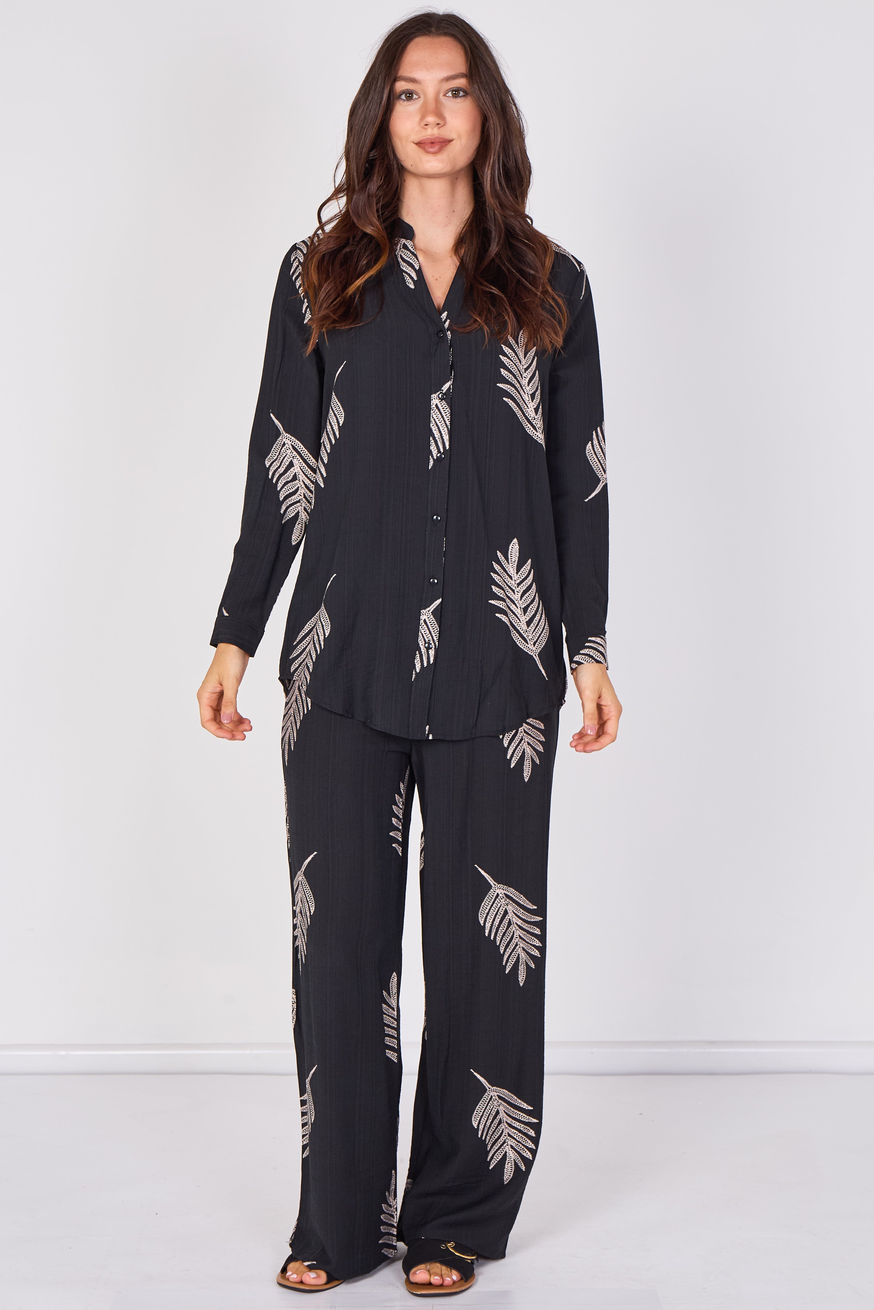 Love Sunshine Black Leaf Print Shirt & Wide Leg Trouser Set Co ord sets LS-5002 LS-5002&9057 LS-9057