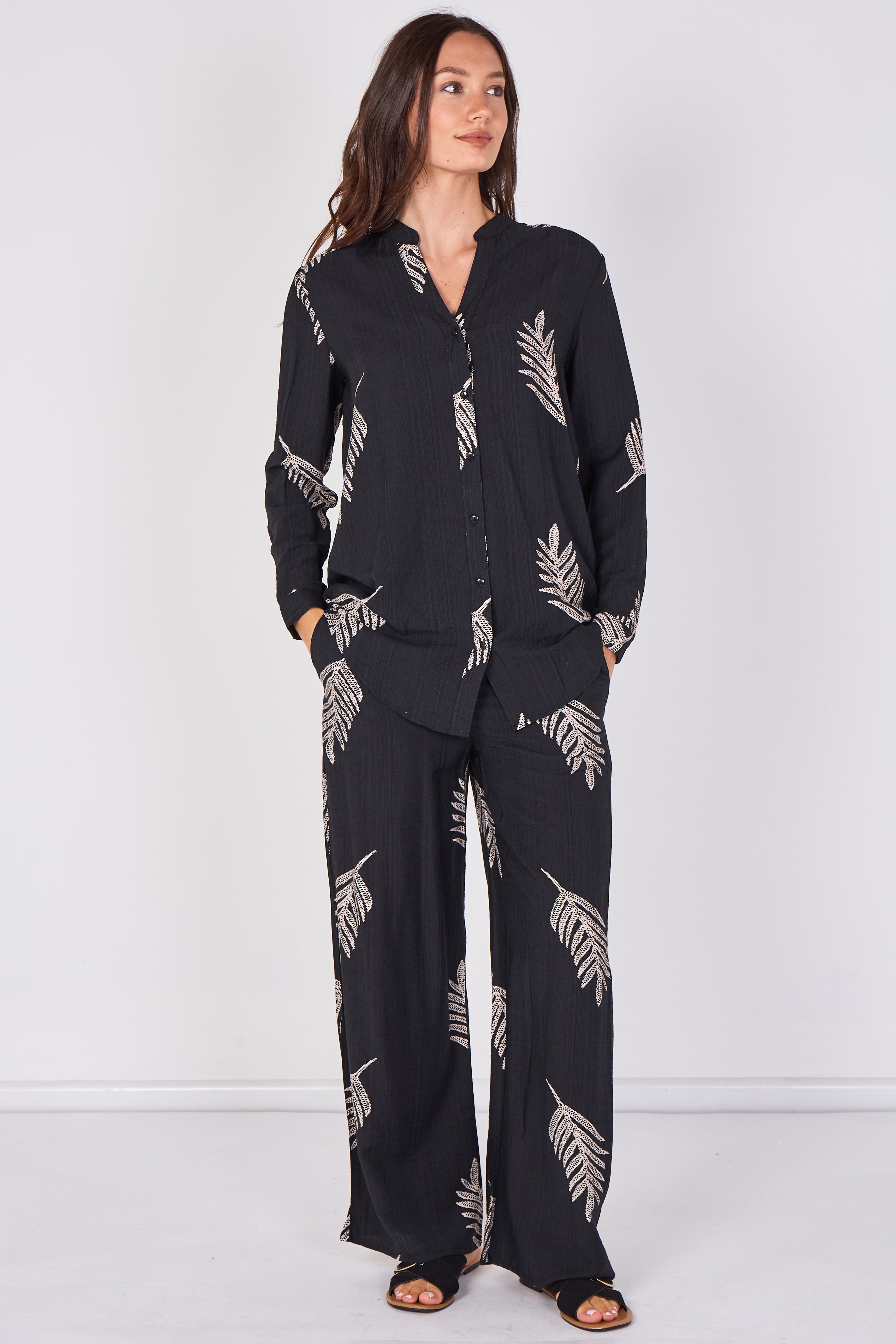 Love Sunshine Black Leaf Print Shirt & Wide Leg Trouser Set Co ord sets LS-5002 LS-5002&9057 LS-9057