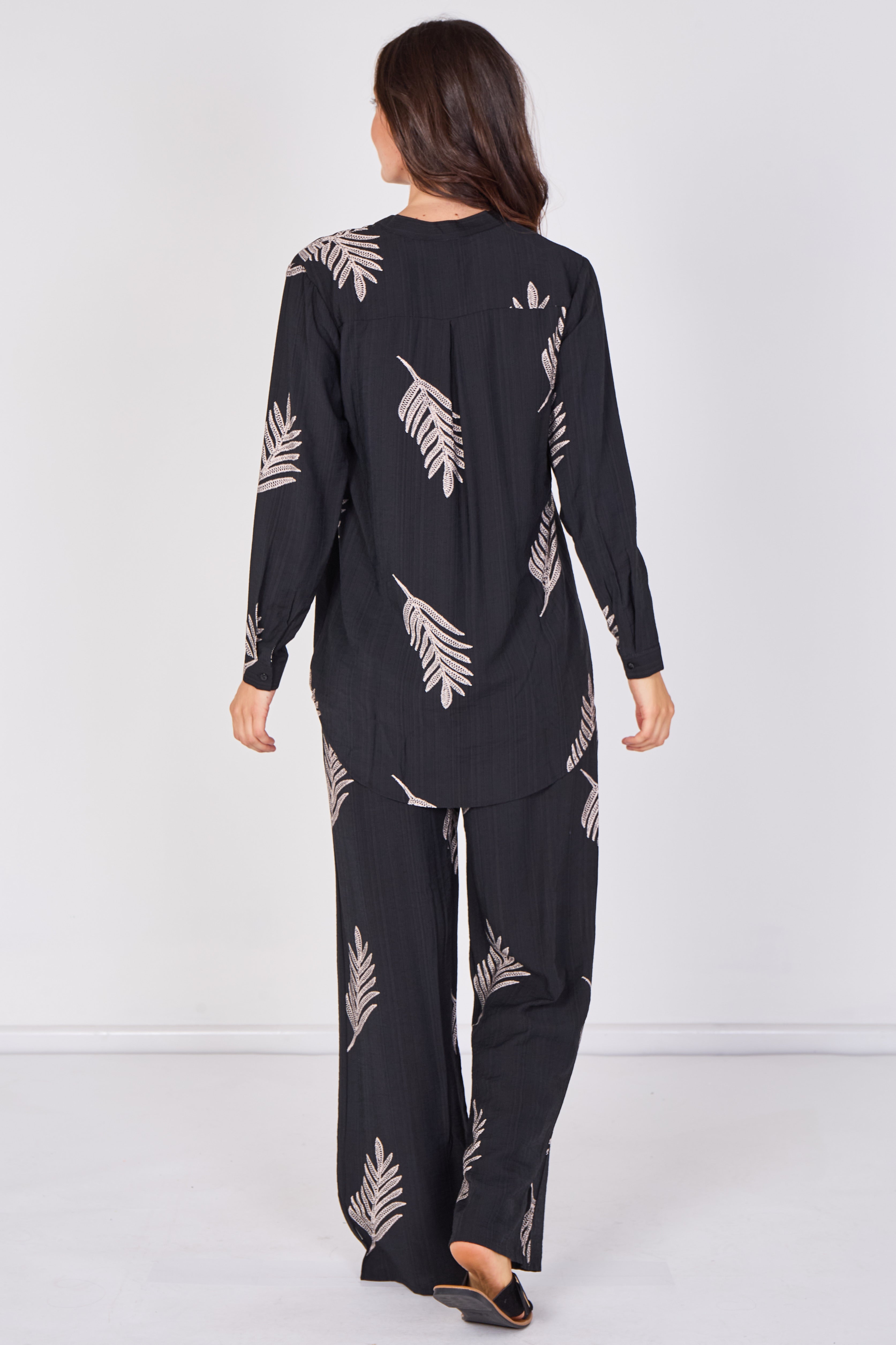 Love Sunshine Black Leaf Print Shirt & Wide Leg Trouser Set Co ord sets LS-5002 LS-5002&9057 LS-9057