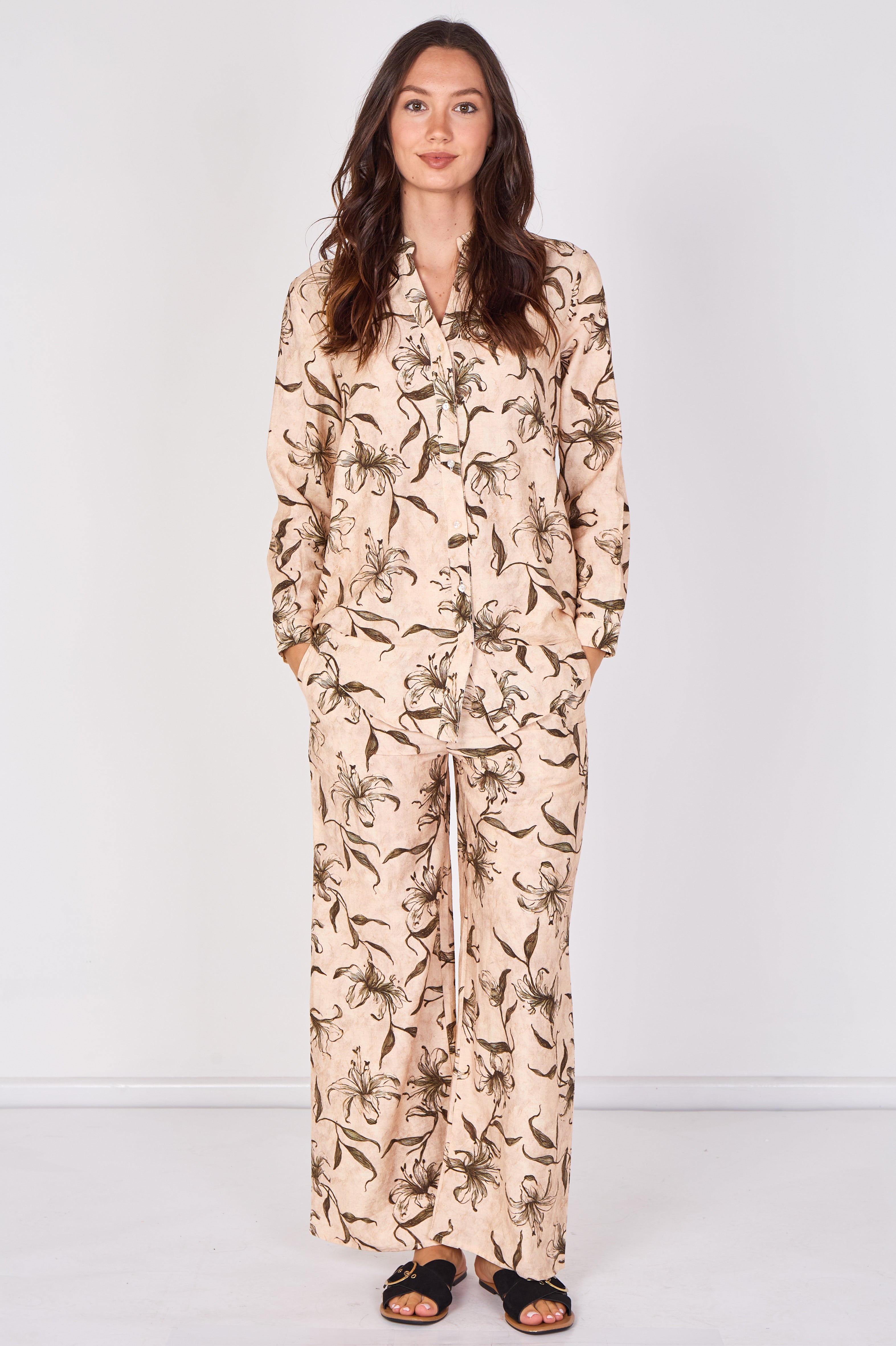 Love Sunshine Beige Lily Print Shirt and Trouser Set Co ord sets LS-5002 LS-5002&9057 LS-9057
