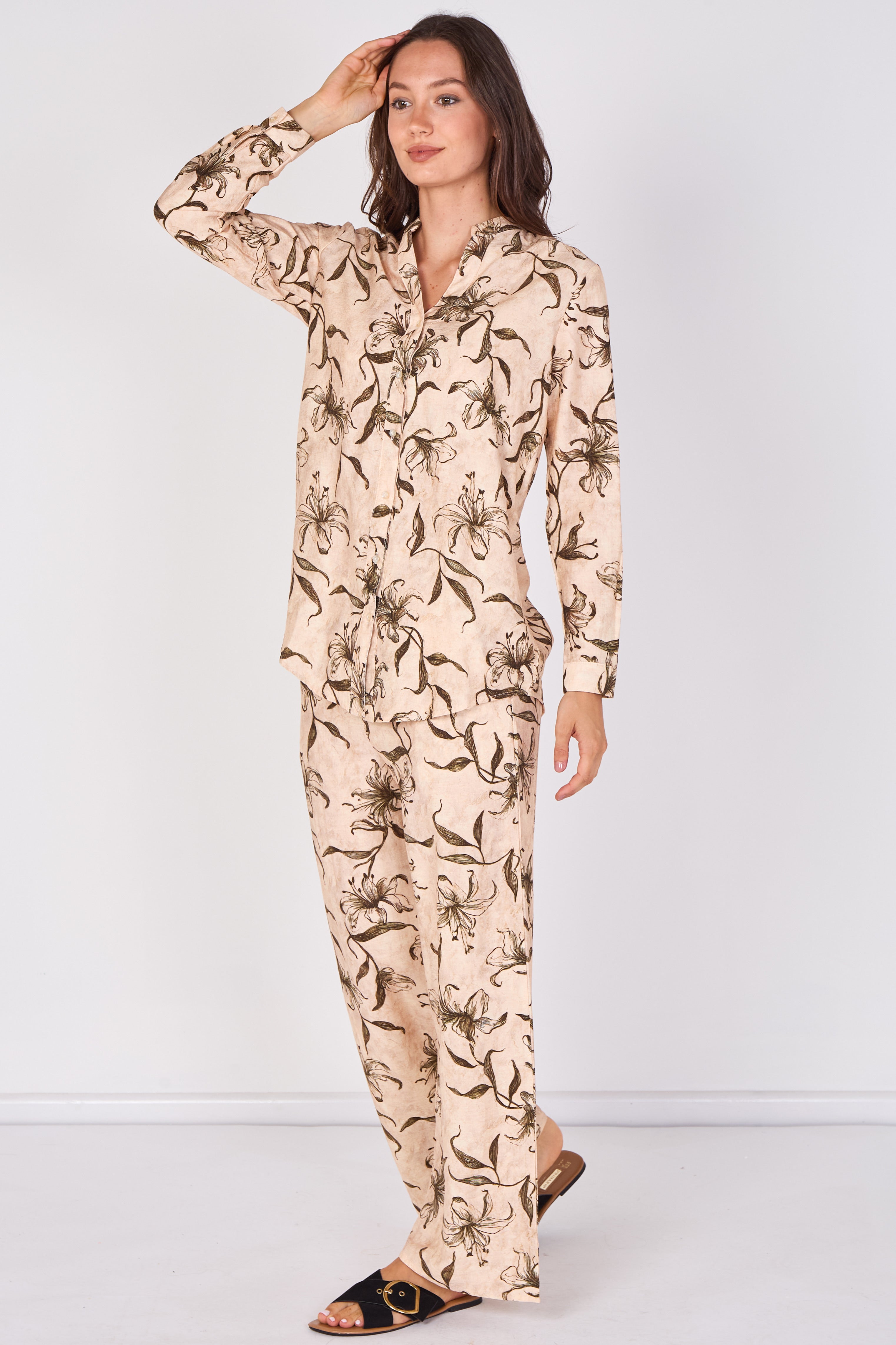 Love Sunshine Beige Lily Print Shirt and Trouser Set Co ord sets LS-5002 LS-5002&9057 LS-9057
