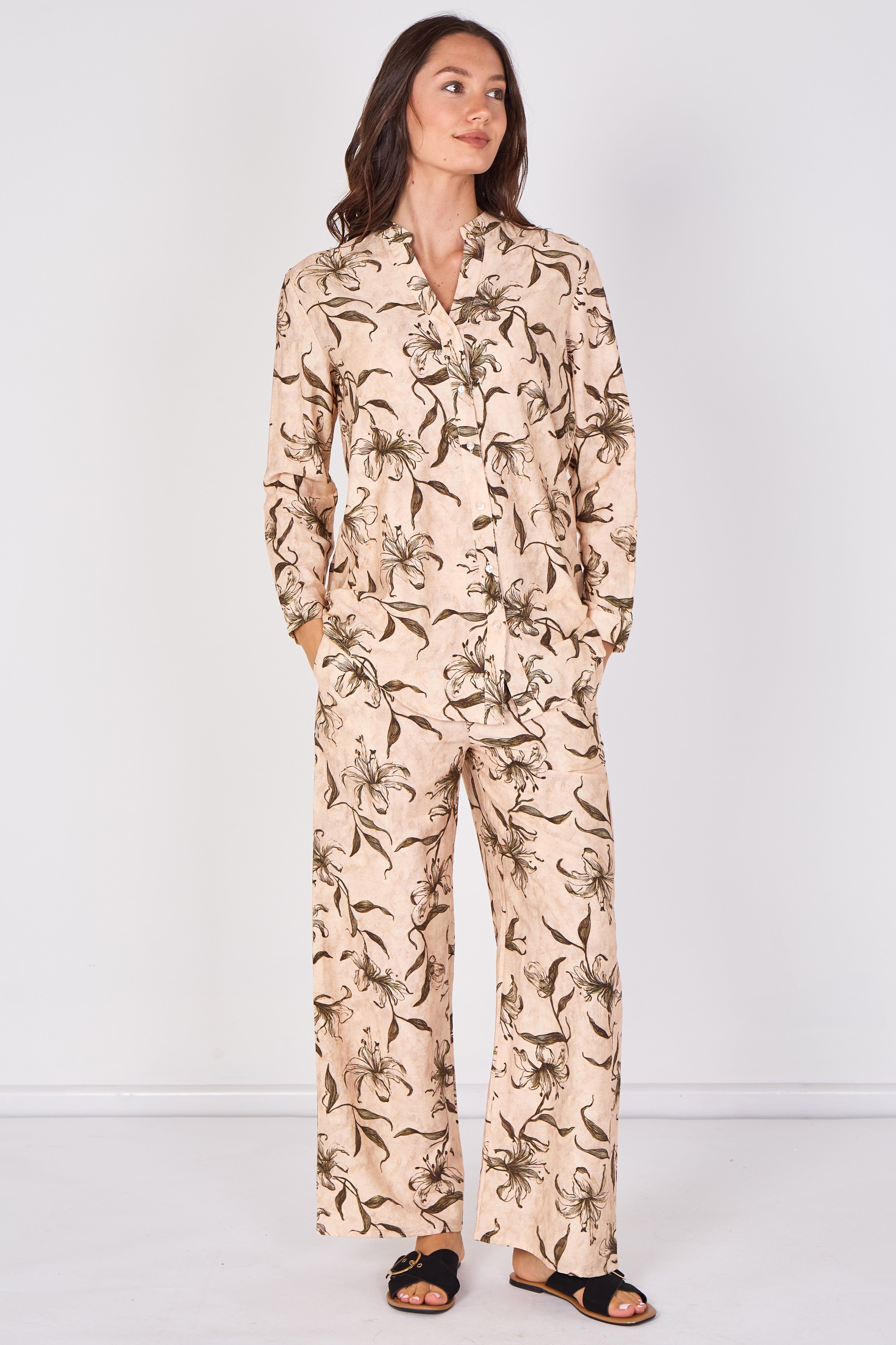 Love Sunshine Beige Lily Print Shirt and Trouser Set Co ord sets LS-5002 LS-5002&9057 LS-9057