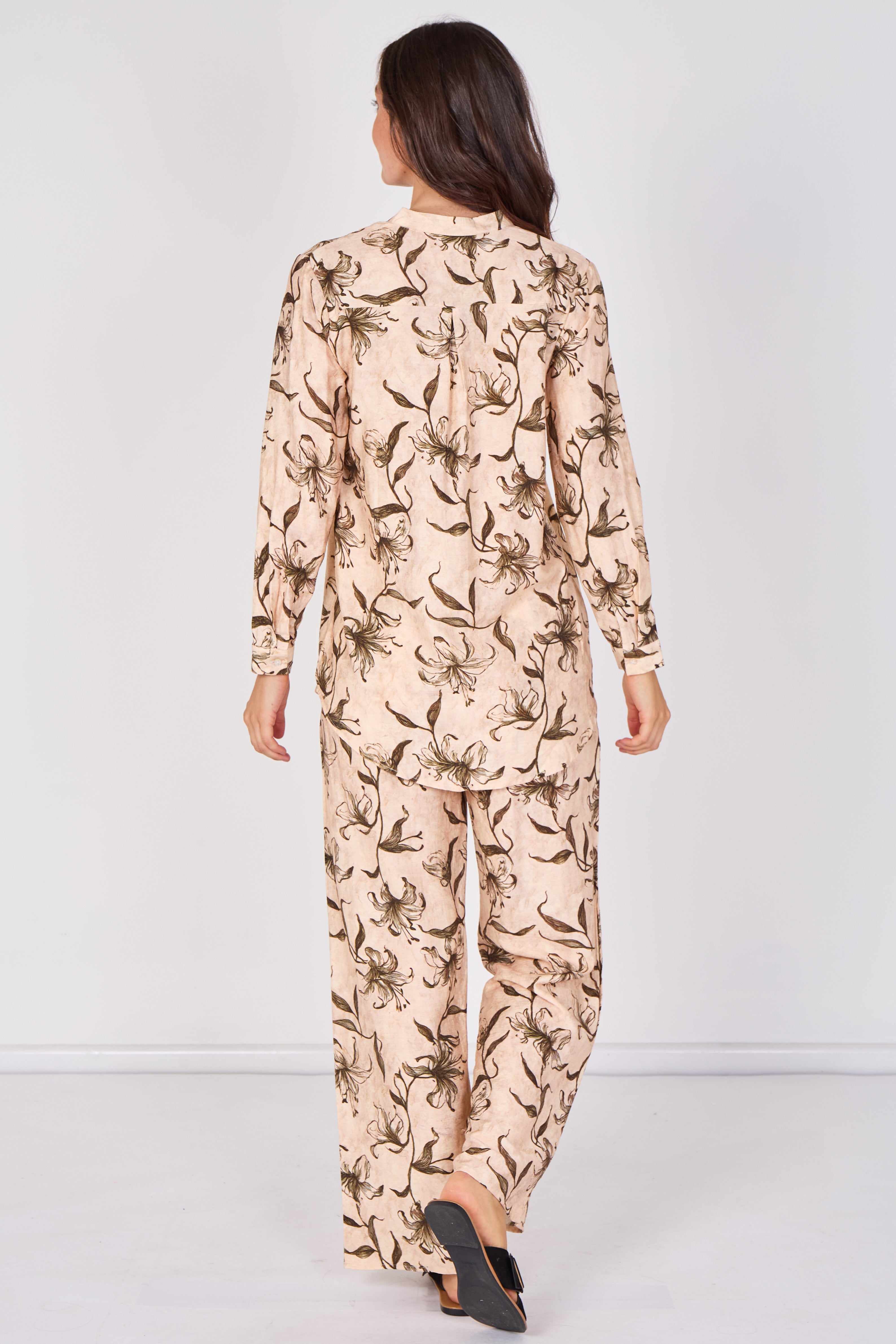 Love Sunshine Beige Lily Print Shirt and Trouser Set Co ord sets LS-5002 LS-5002&9057 LS-9057