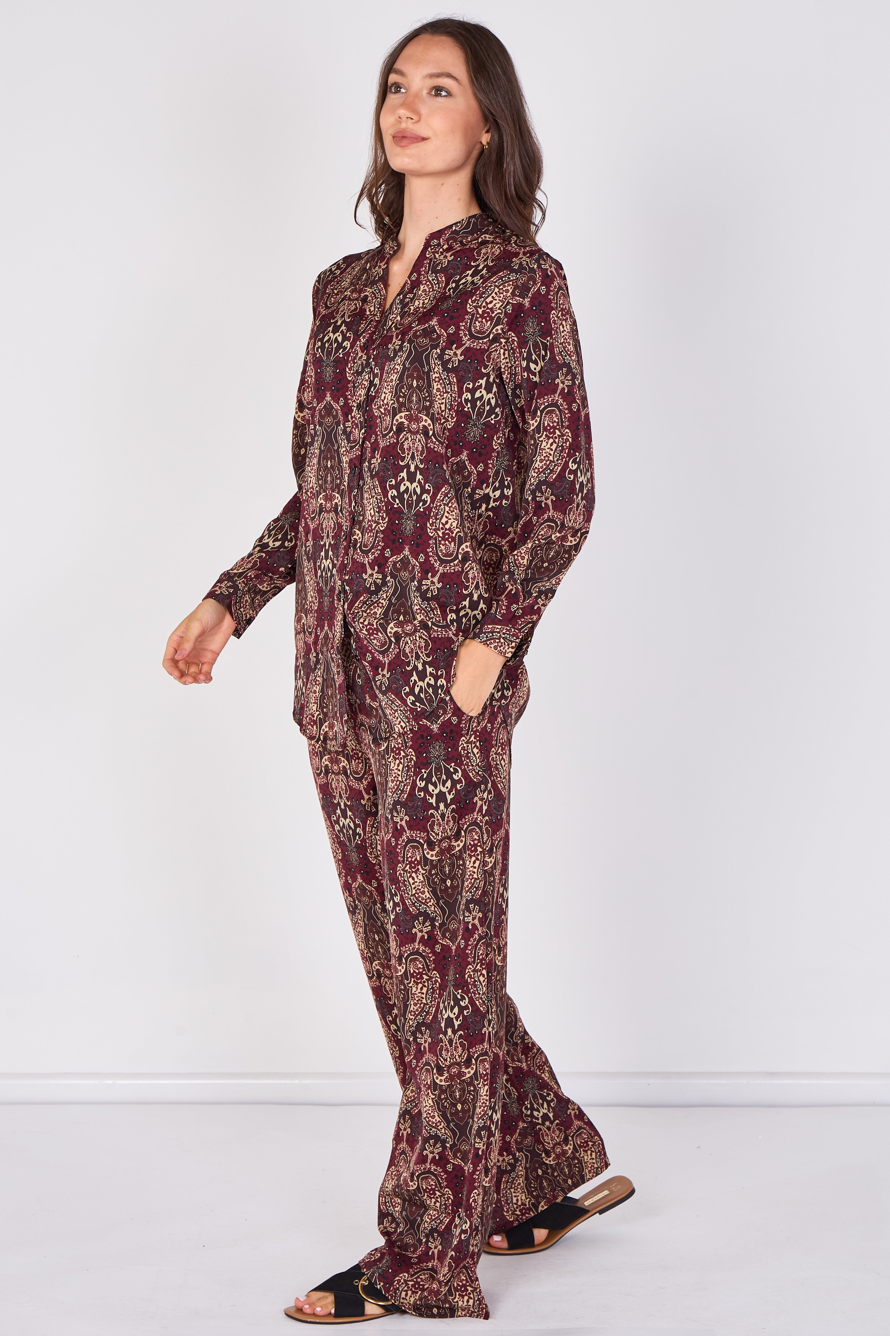 Love Sunshine Burgundy Paisley Print Shirt and Trouser Set Co ord sets LS-5002 LS-5002&9057 LS-9057