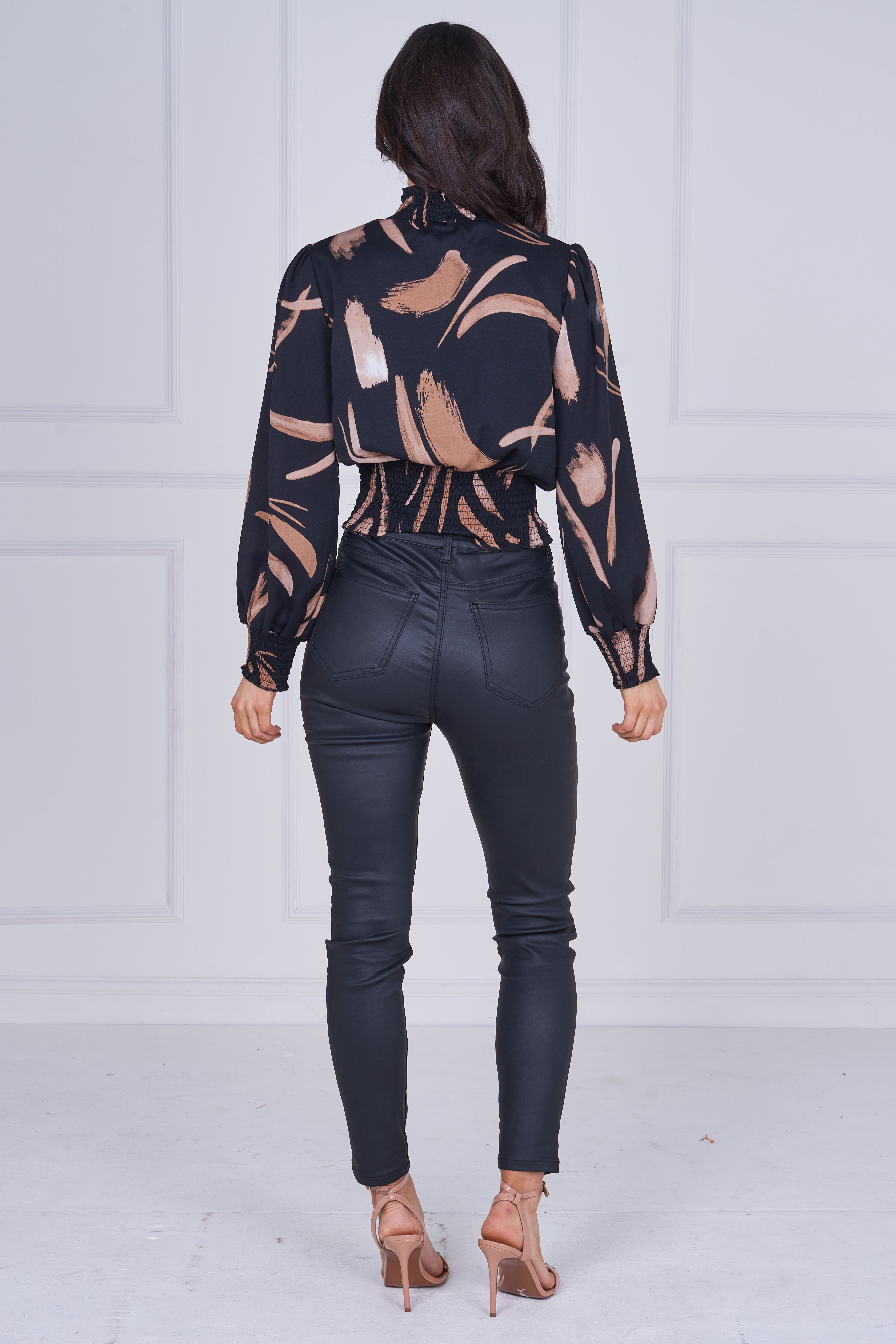 9pcs Black Brushstroke Smocked High Neck Blouse