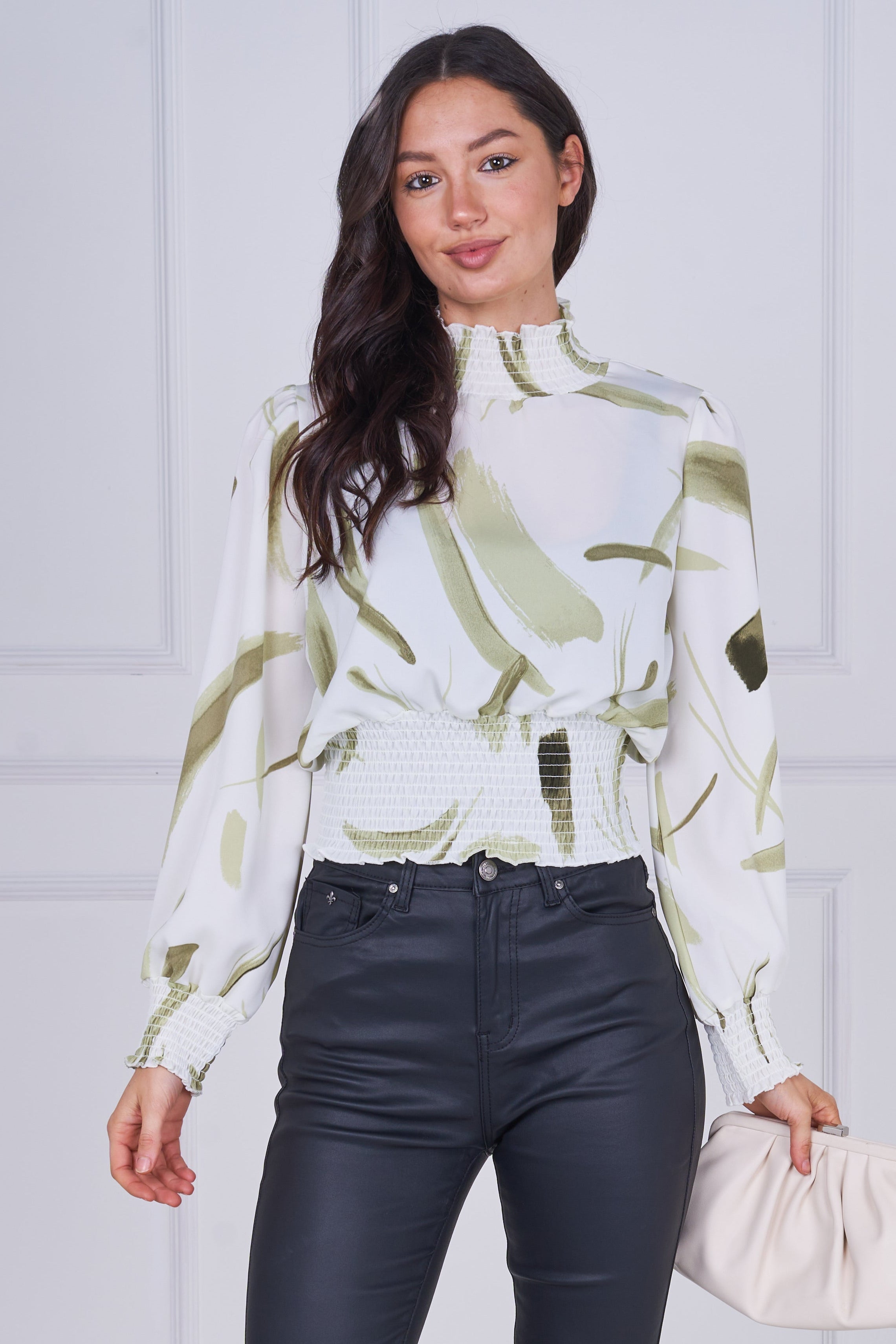 9pcs Sage Brushstroke Smocked High Neck Blouse