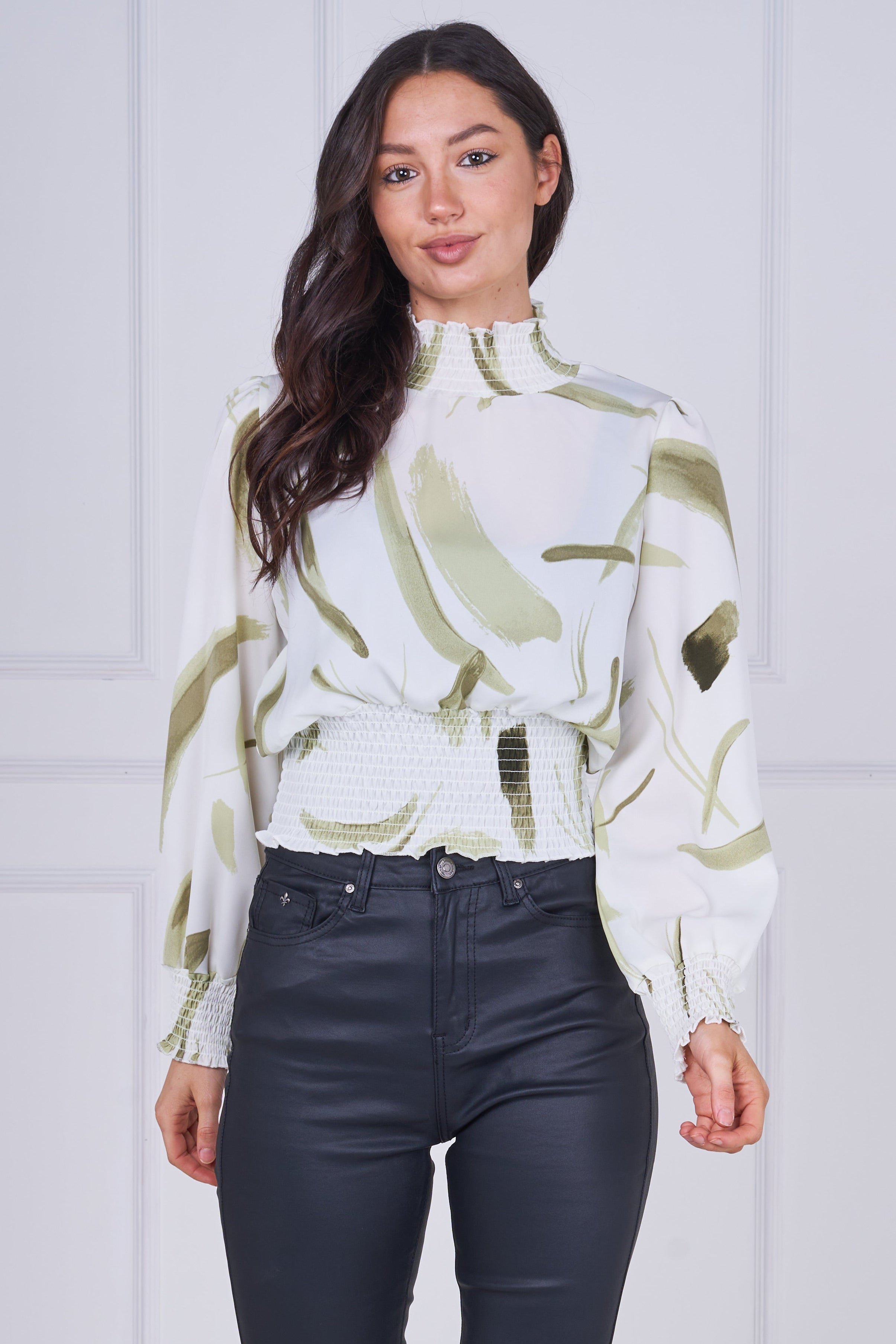 9pcs Sage Brushstroke Smocked High Neck Blouse