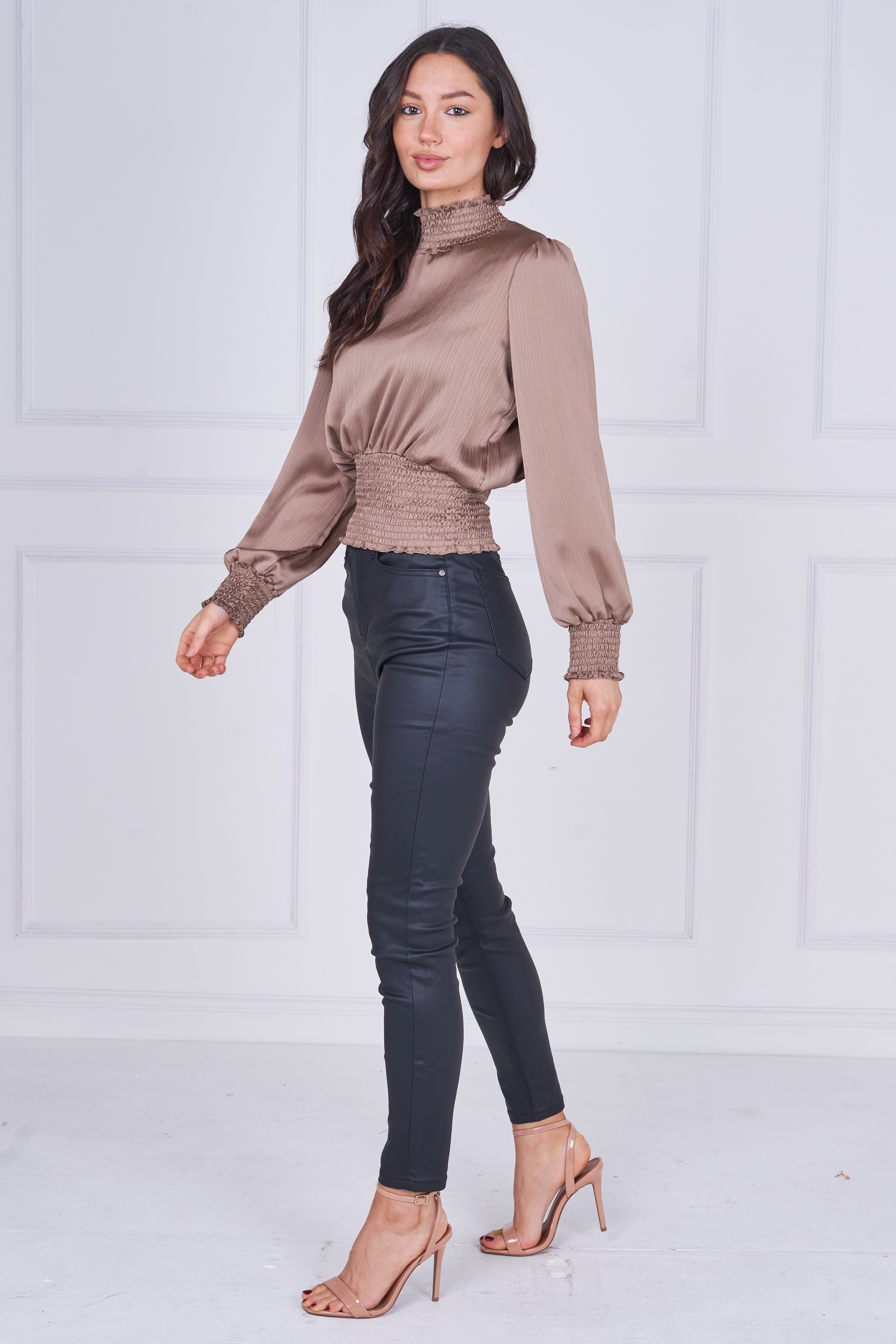 9pcs Mocha Creased Satin Shirred Waist Top