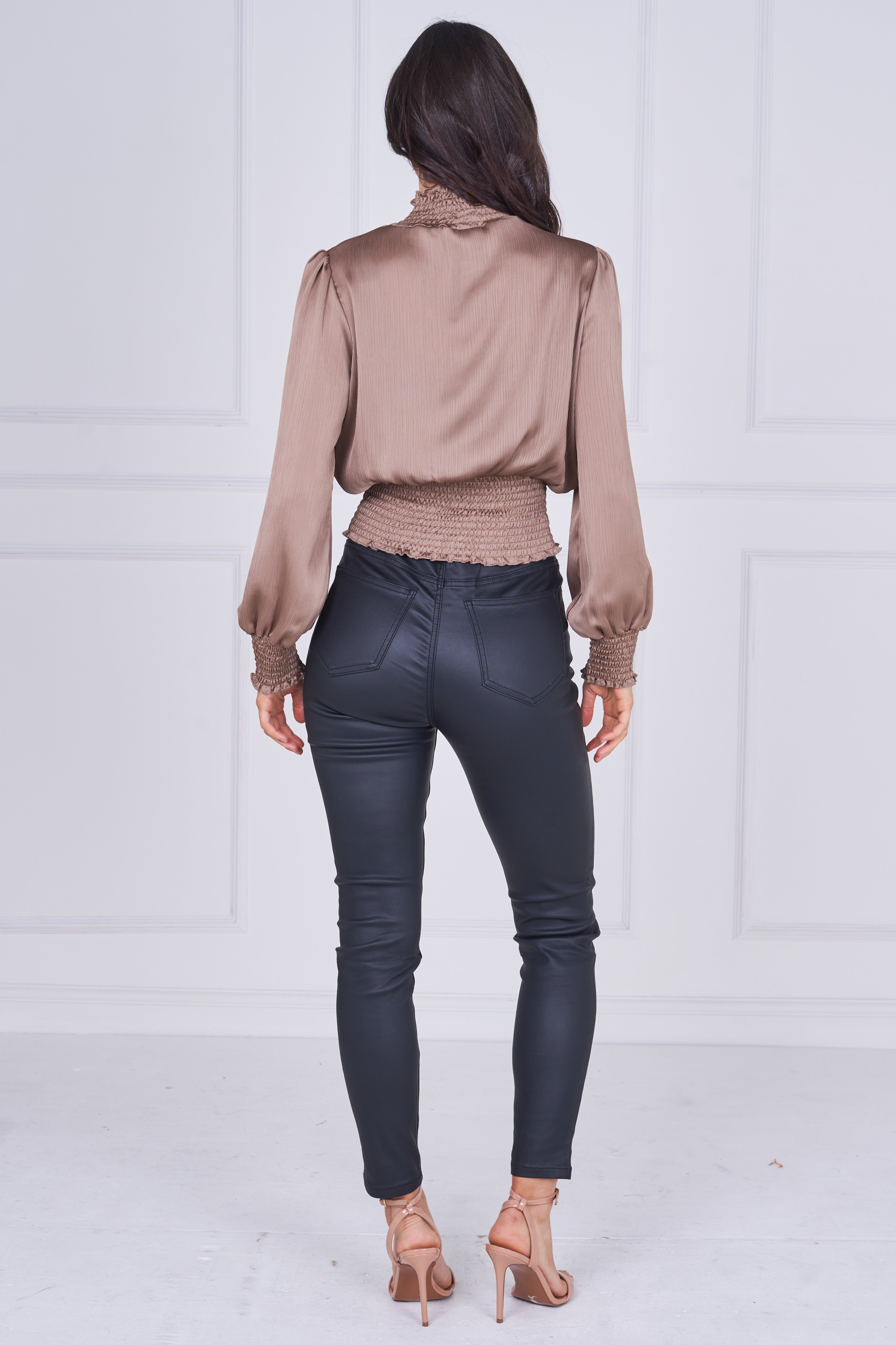 9pcs Mocha Creased Satin Shirred Waist Top