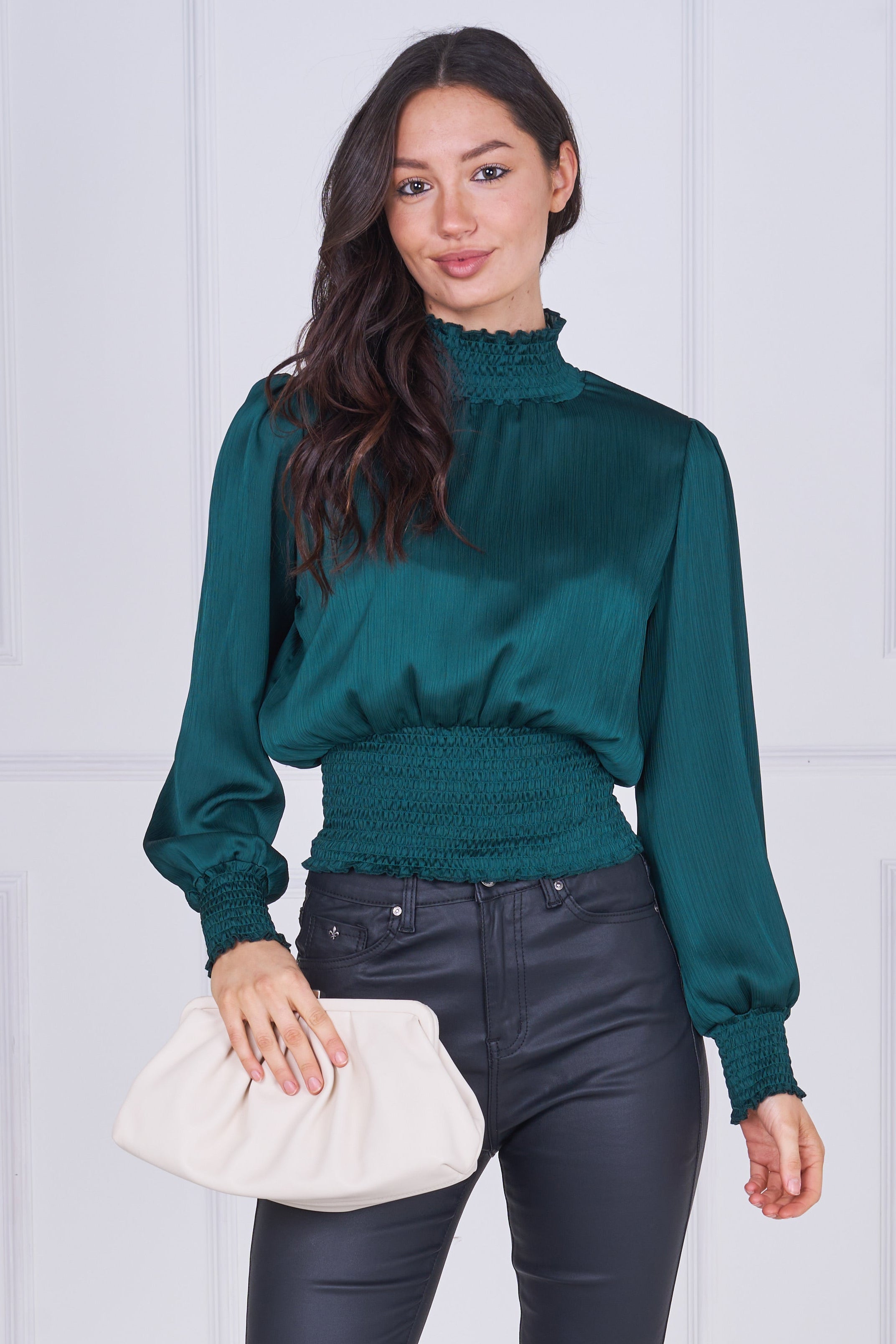 9pcs Emerald Creased Satin Shirred Waist Top