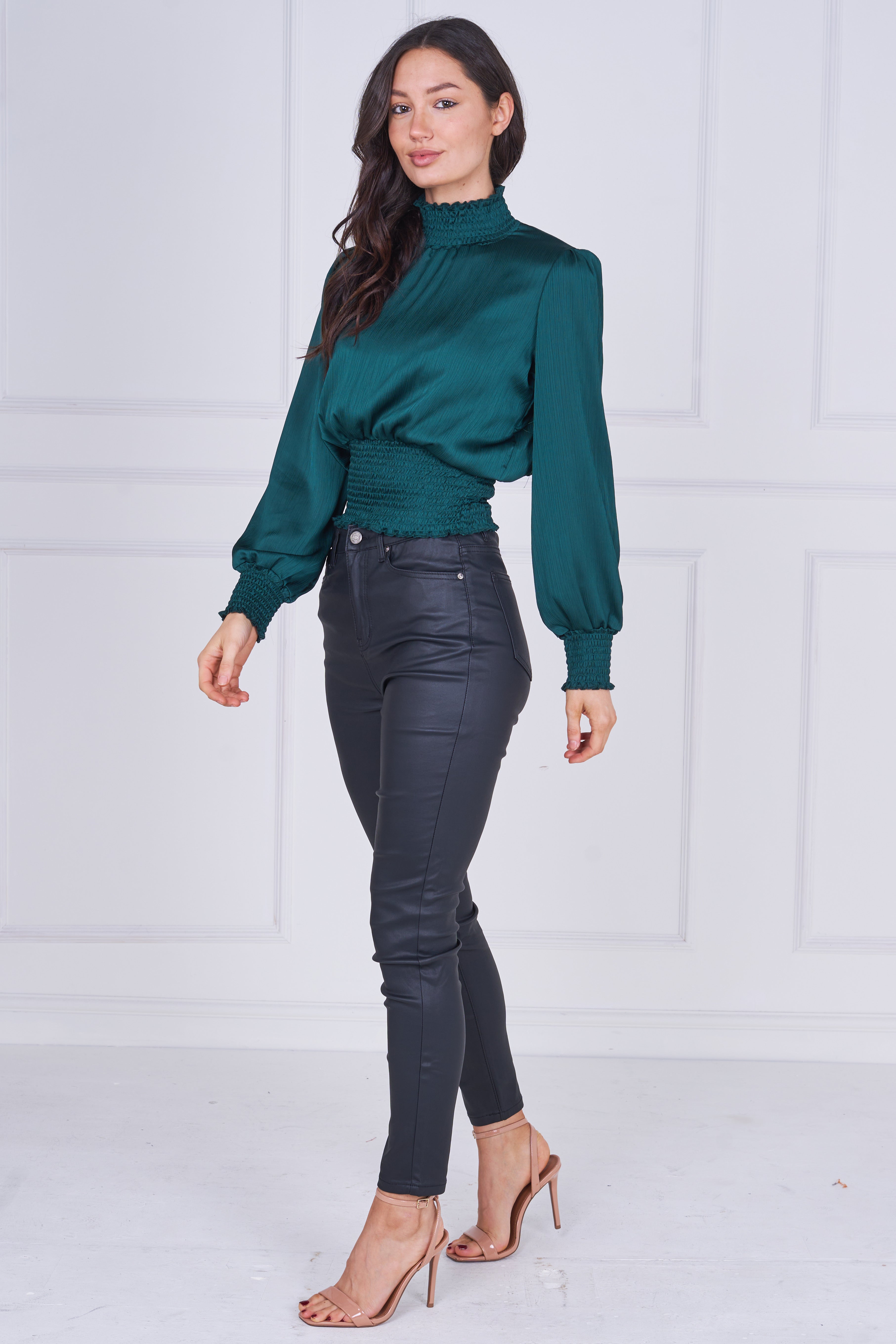 9pcs Emerald Creased Satin Shirred Waist Top