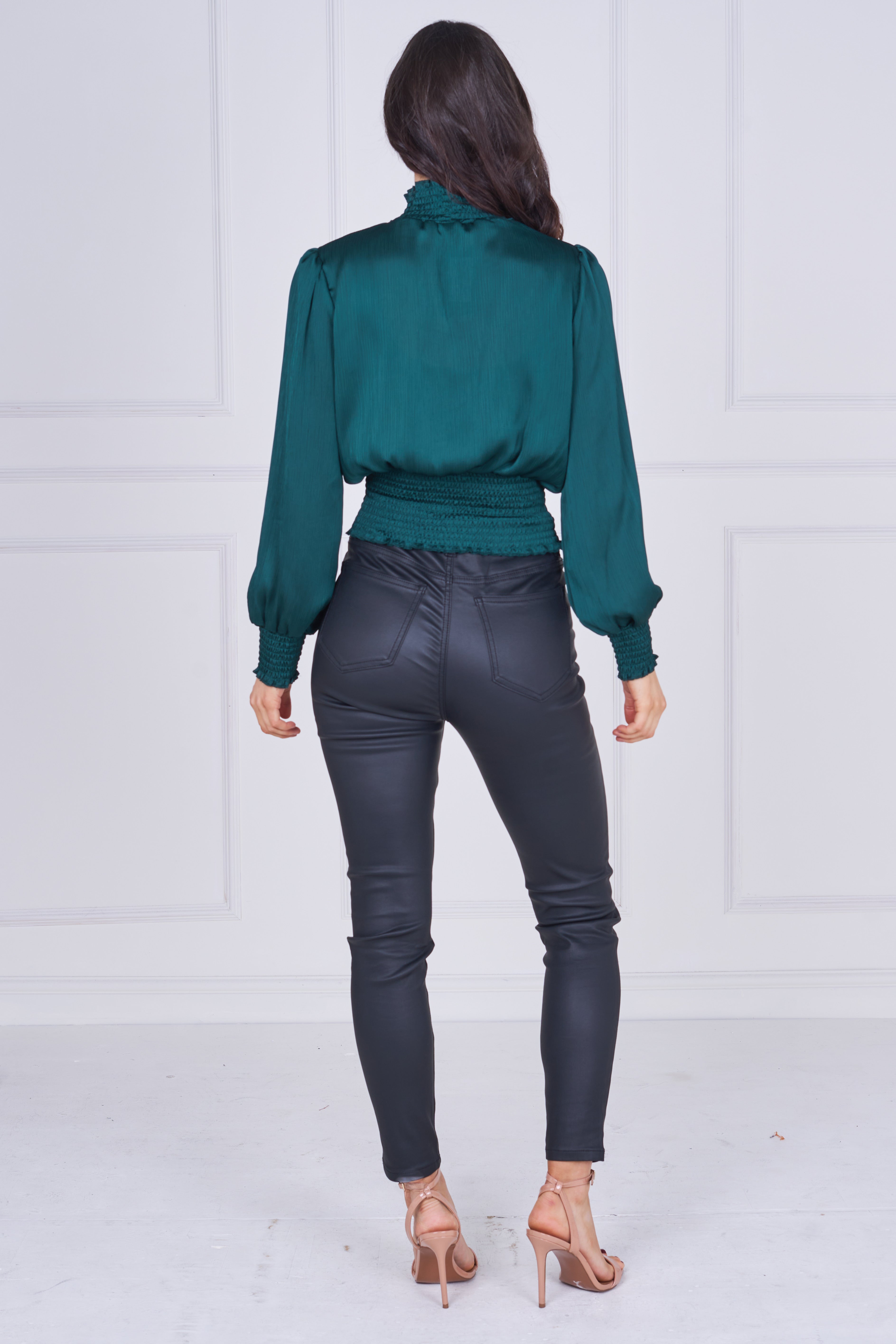 9pcs Emerald Creased Satin Shirred Waist Top