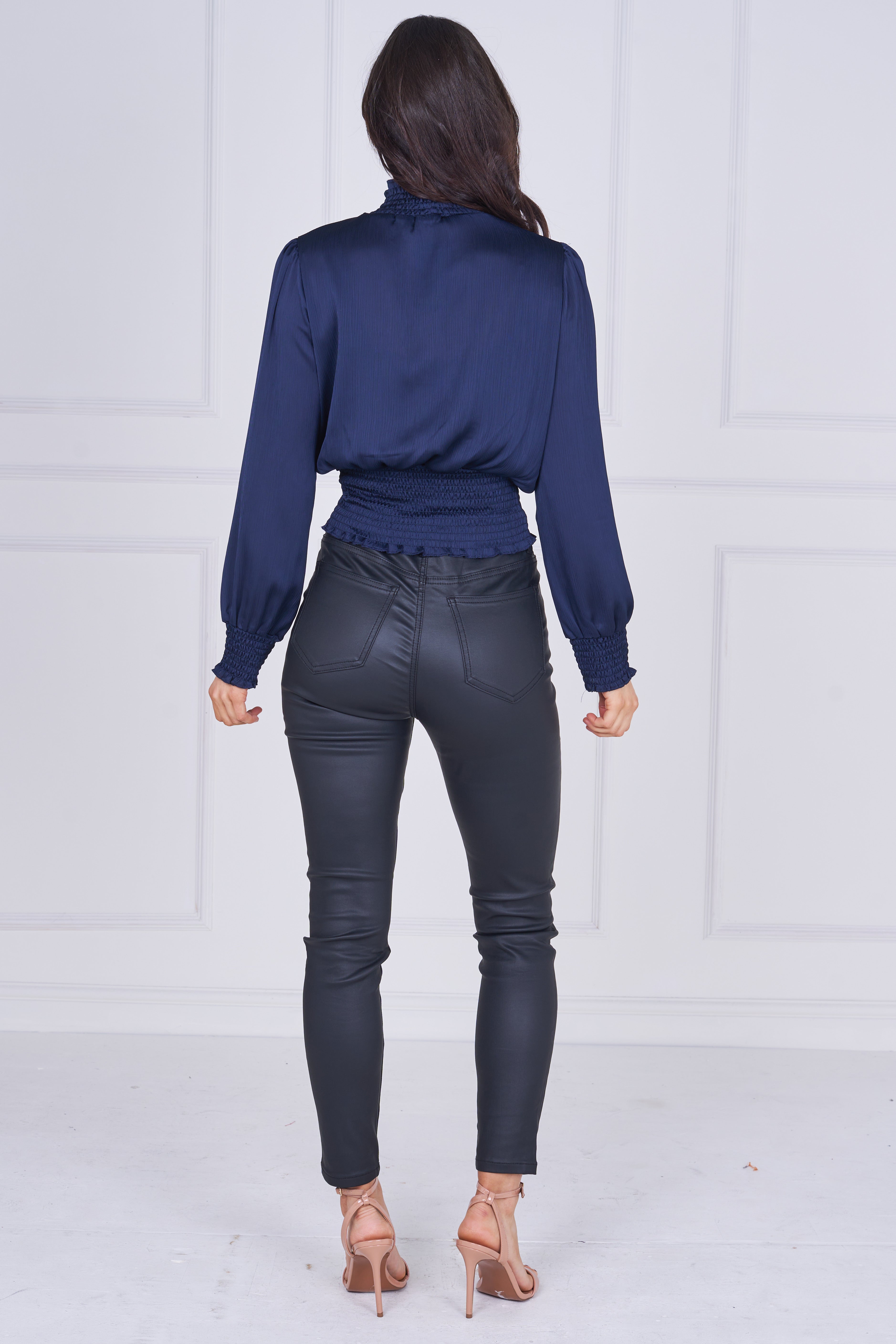 9pcs Navy Creased Satin Shirred Waist Top