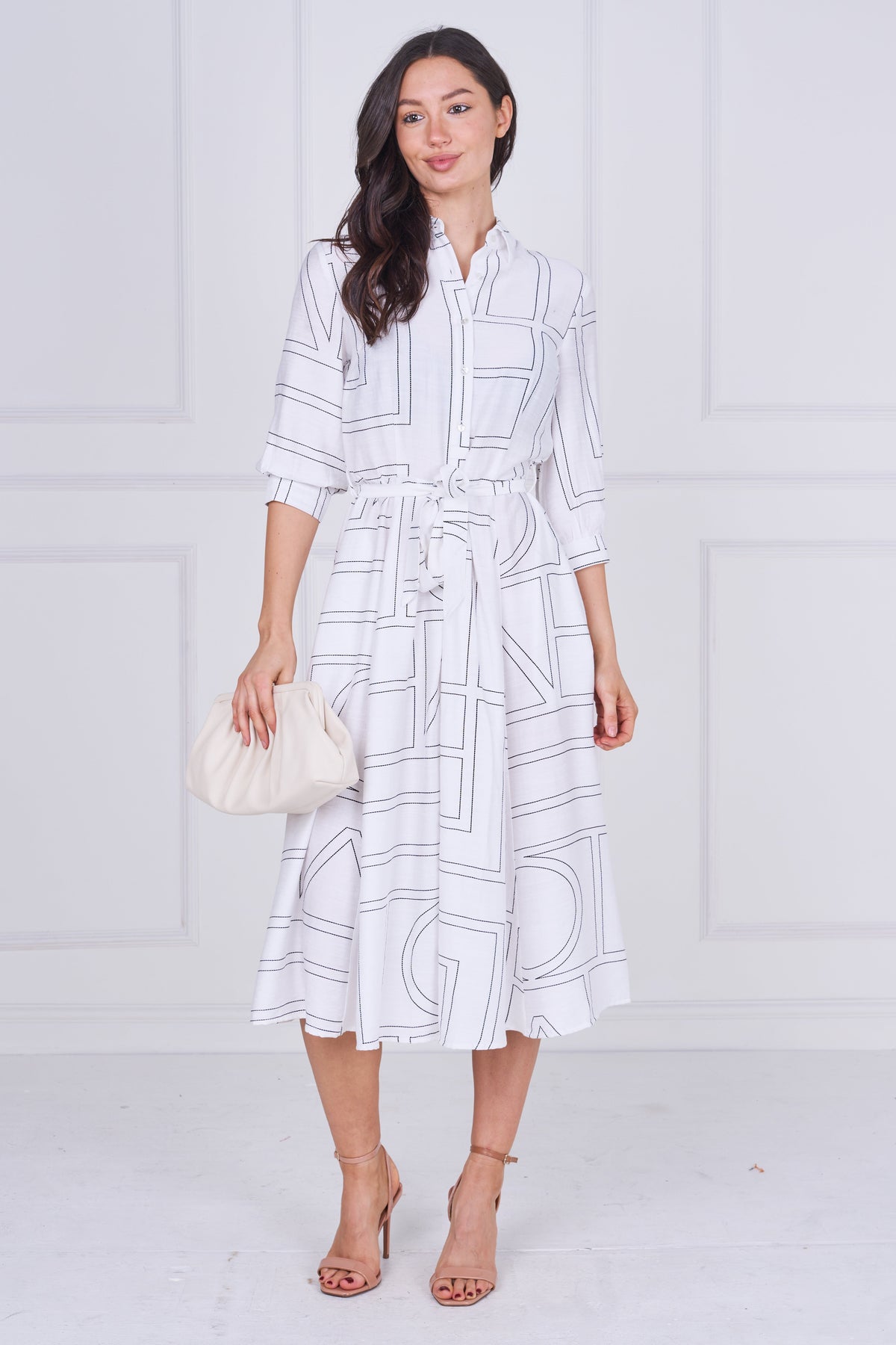 8Pcs White Contemporary Line Print Shirt Dress
