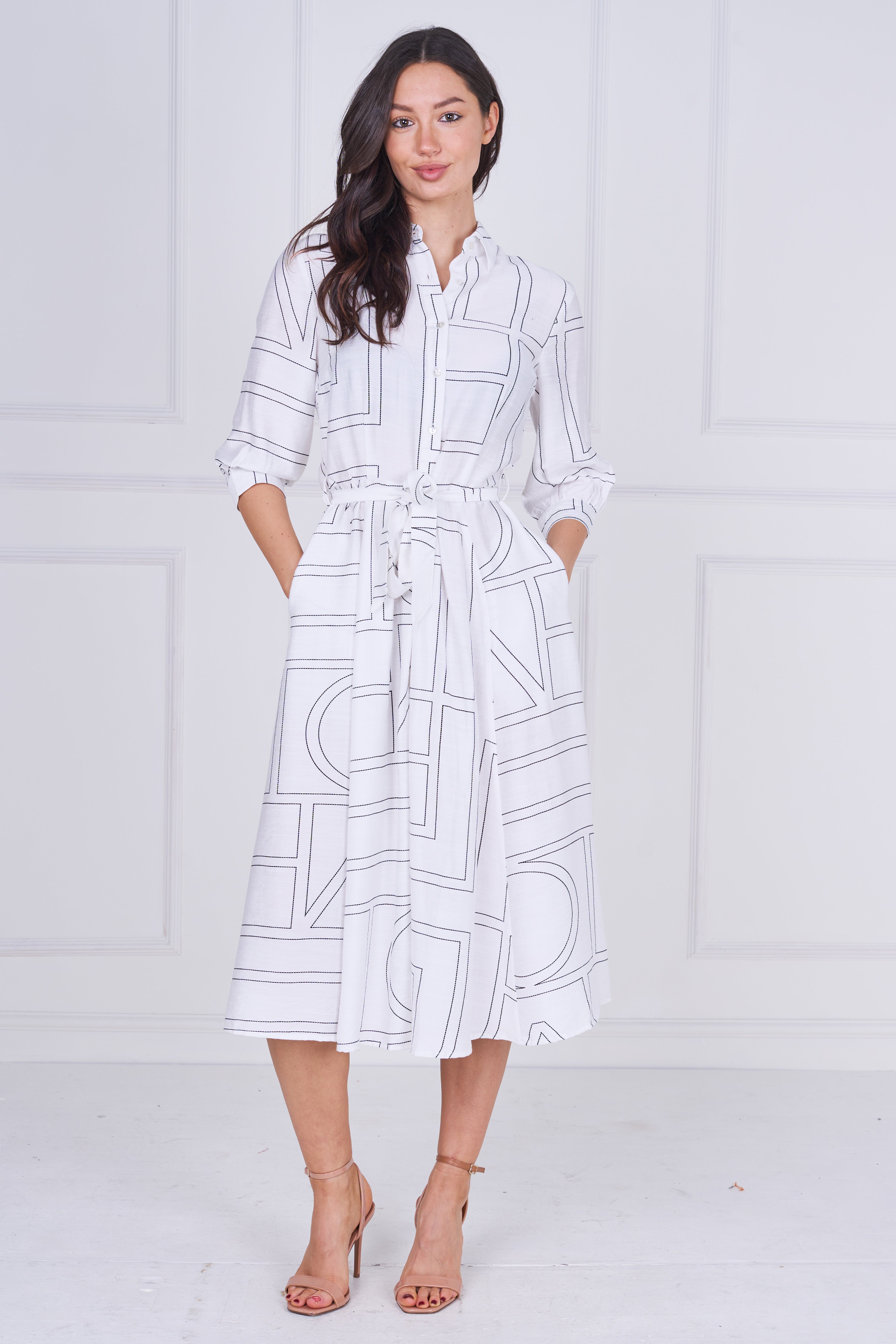 8Pcs White Contemporary Line Print Shirt Dress